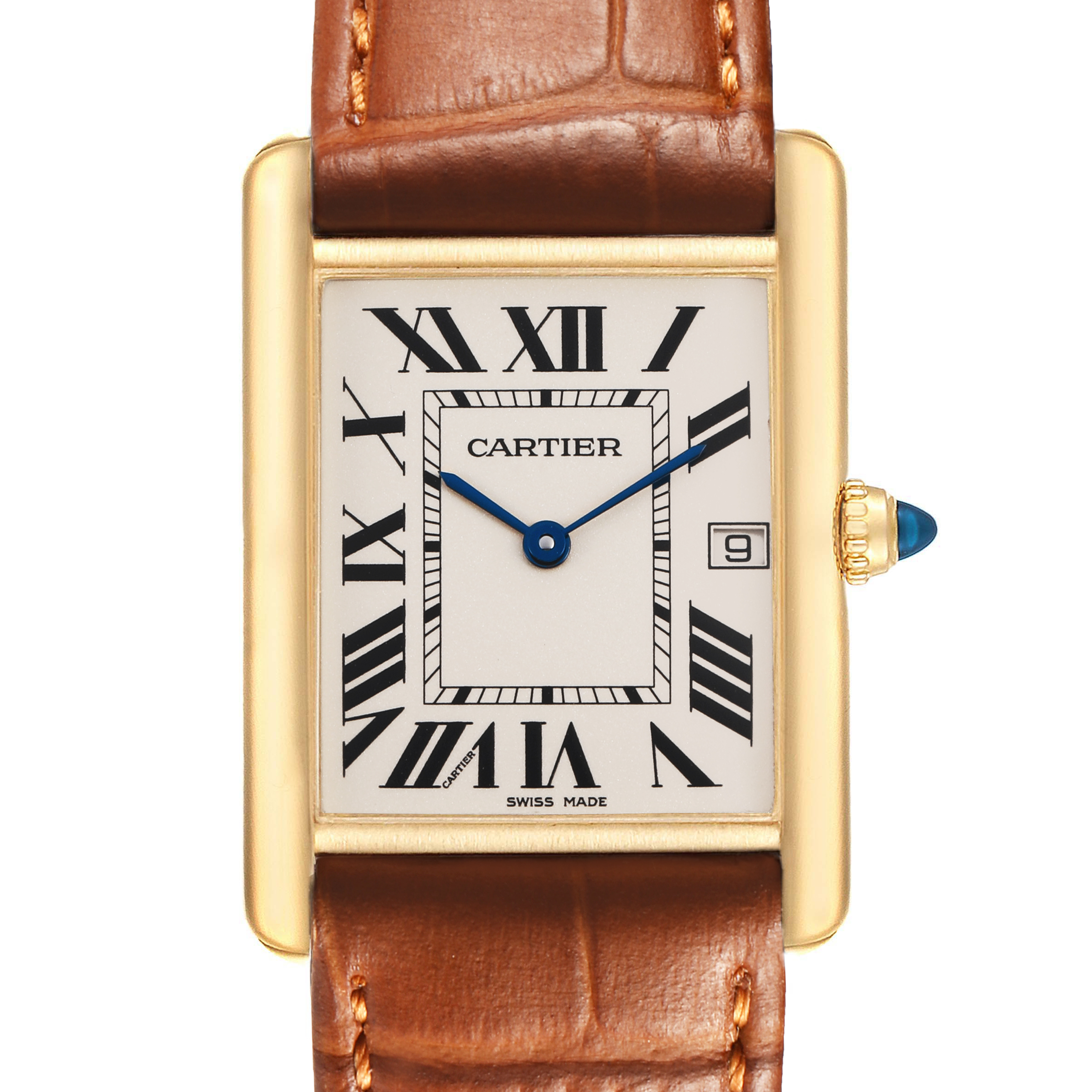 The Cartier Tank Louis W1529756 Men's Yellow Gold Silver Dial watch is shown from a front angle, highlighting the face, Roman numerals, blue hands, and brown strap.