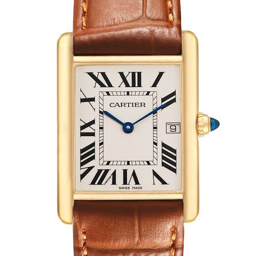 The Cartier Tank Louis W1529756 Men's Yellow Gold Silver Dial watch is shown from a frontal angle, highlighting its rectangular face, Roman numerals, and leather strap.