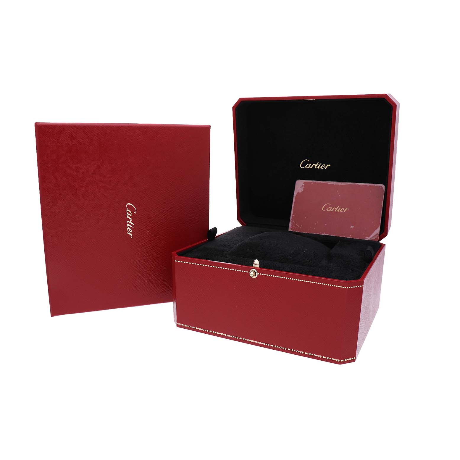 The image shows the Cartier Tank Louis W1529756 Men's Yellow Gold Silver Dial watch's red box at an open angle, revealing a pillow and a card inside.