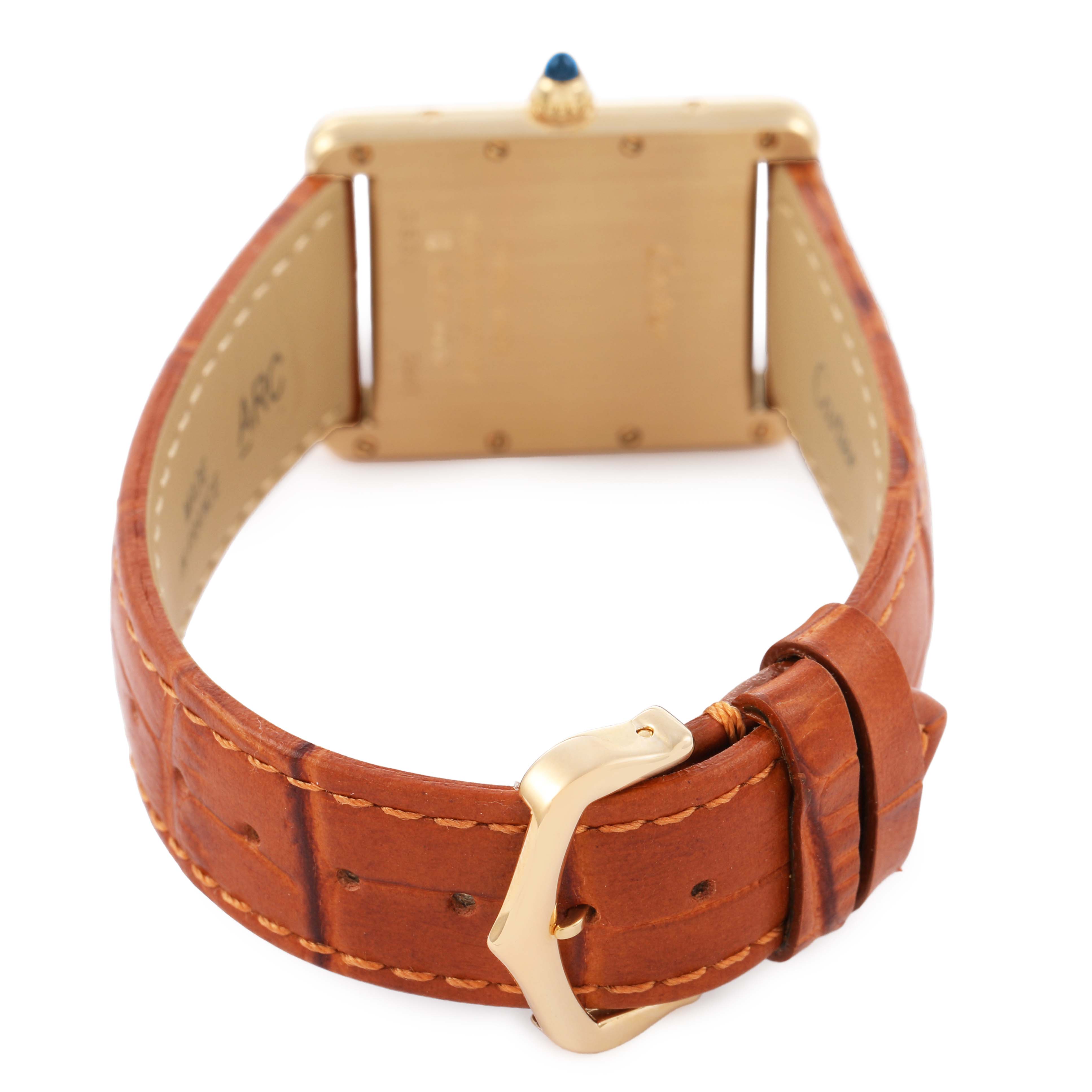 The image shows the back view of a Cartier Tank Louis W1529756 Men's Yellow Gold Silver Dial watch, highlighting the leather strap and buckle.
