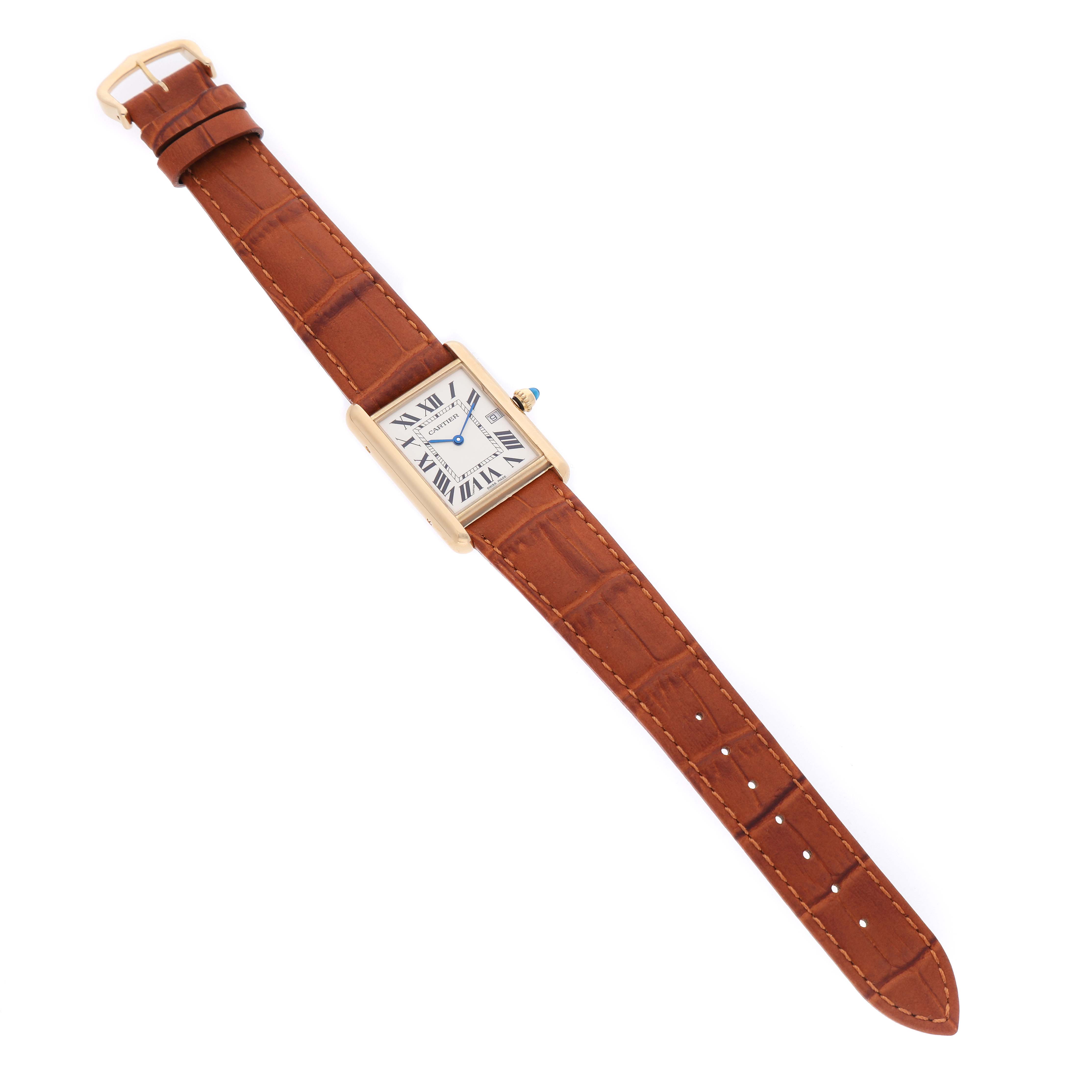 The Cartier Tank Louis W1529756 Men's Yellow Gold Silver Dial watch is shown from a top-down angle, displaying the face, case, strap, and buckle.
