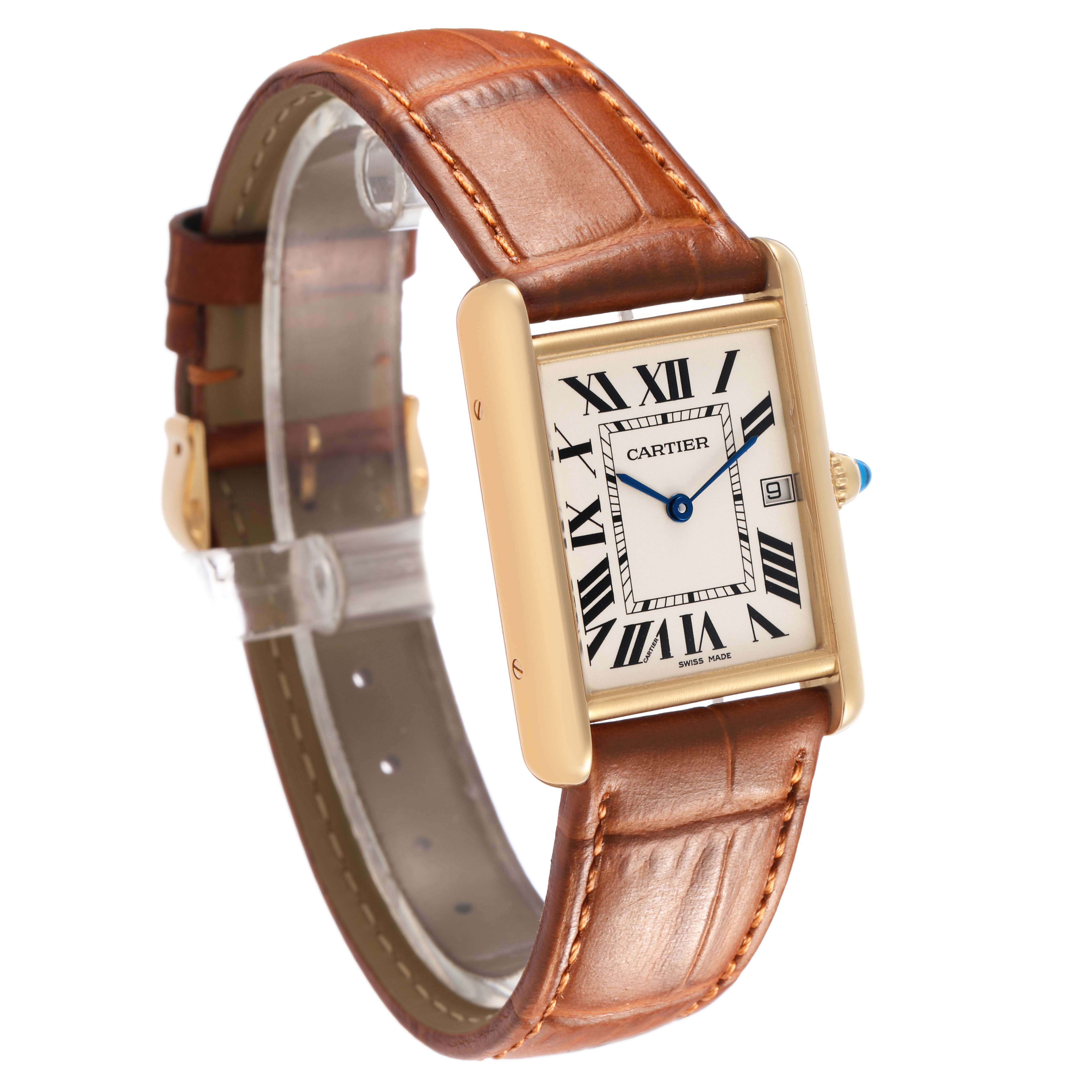 The Cartier Tank Louis W1529756 Men's Yellow Gold Silver Dial watch is shown from a three-quarter angle, highlighting its face, rectangular case, and brown leather strap.