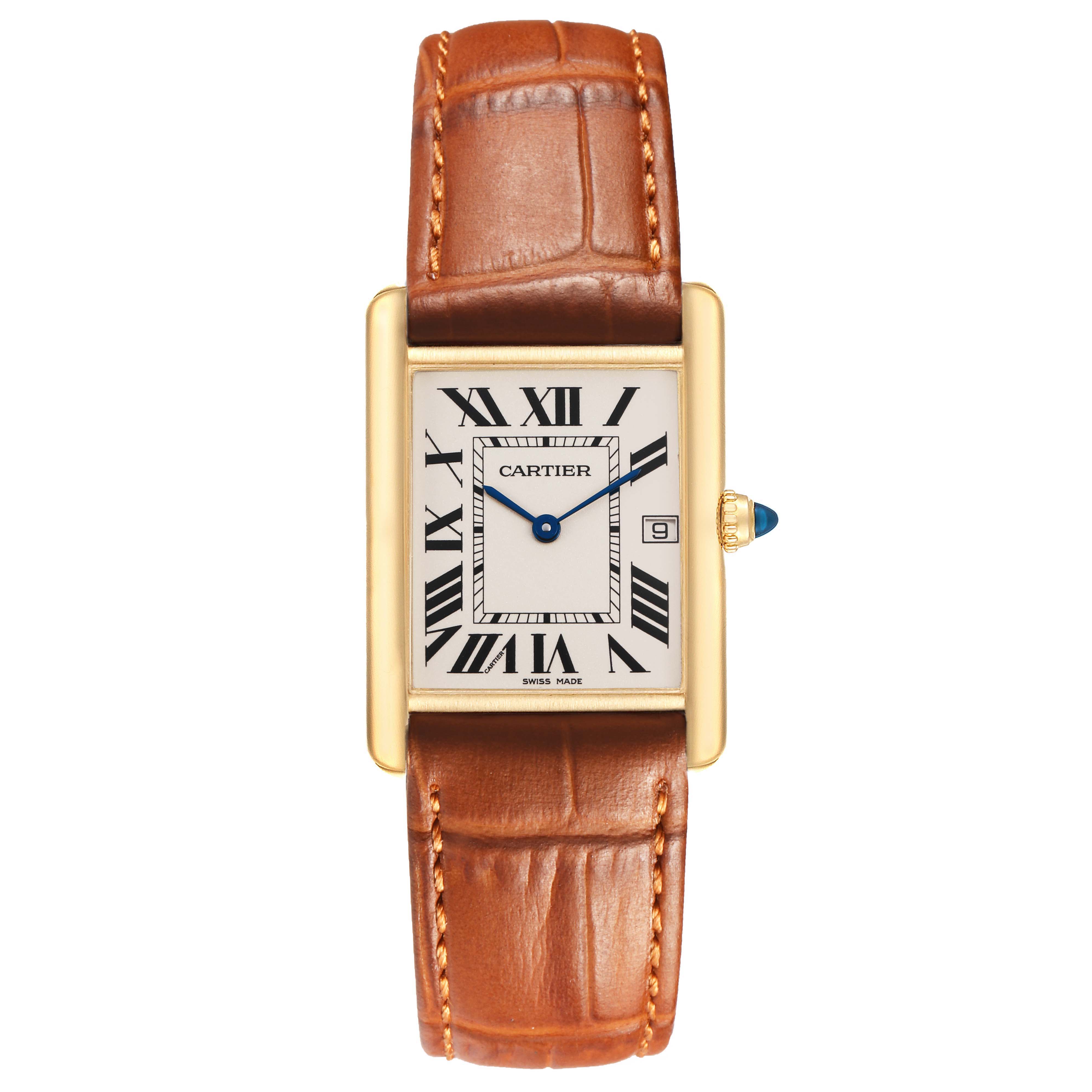 The Cartier Tank Louis W1529756 Men's Yellow Gold Silver Dial watch is shown from a top-down angle, displaying its face, leather strap, and crown.