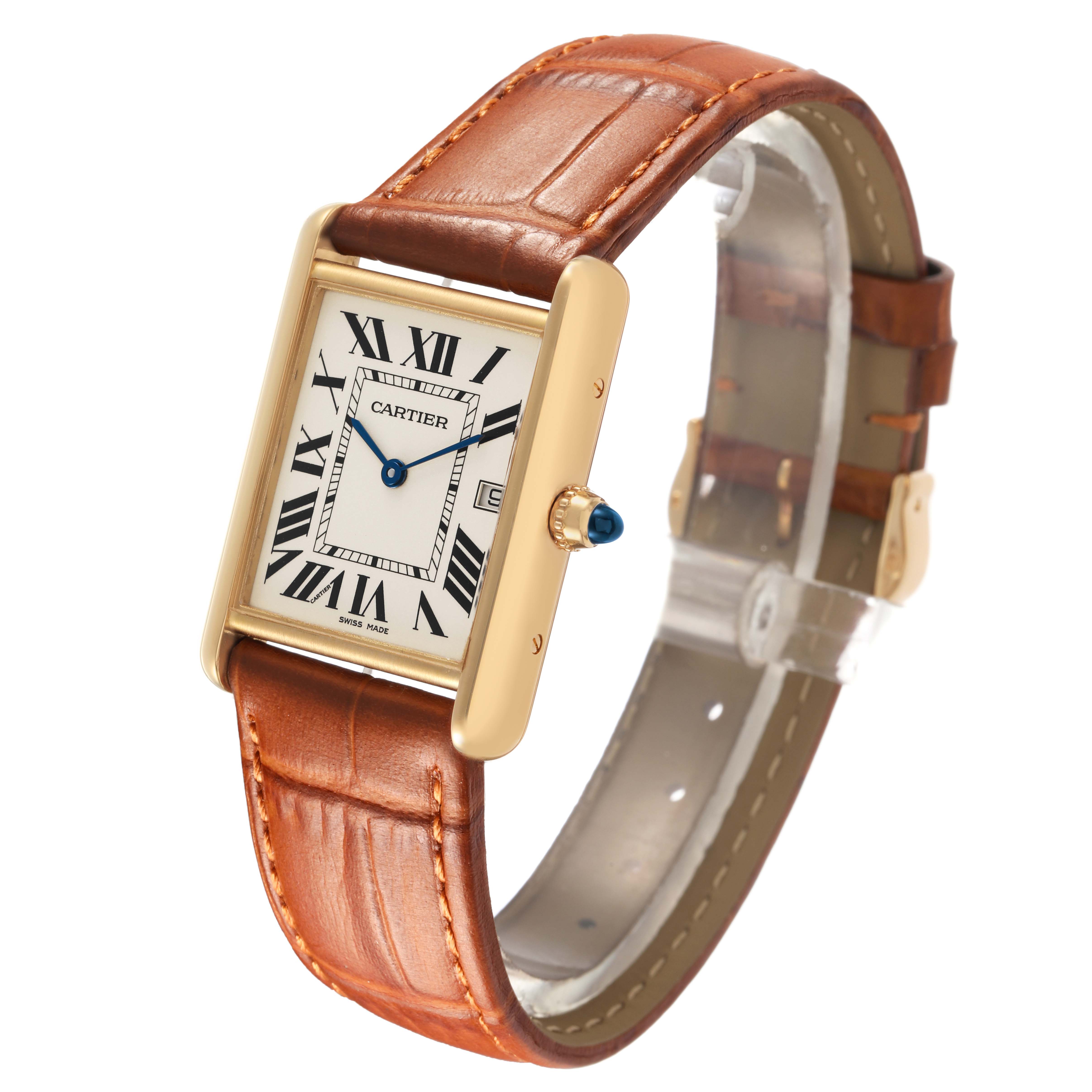 The Cartier Tank Louis W1529756 Men's Yellow Gold Silver Dial watch is shown at a slight angle, highlighting the face, strap, and unique crown design.