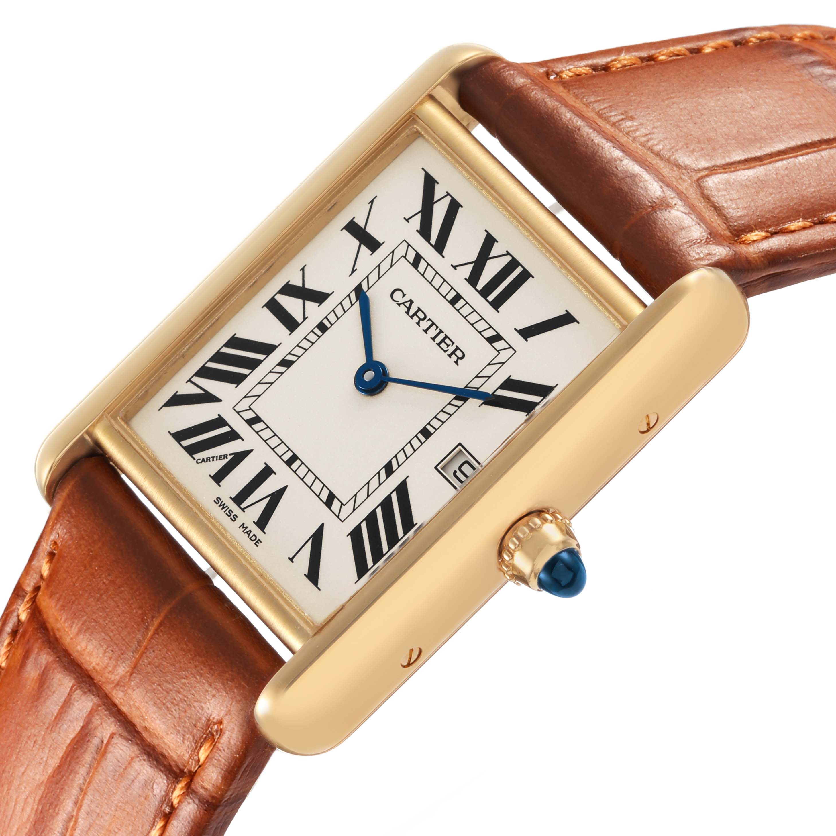 The Cartier Tank Louis W1529756 Men's Yellow Gold Silver Dial watch is shown at a slight angle highlighting its rectangular case, Roman numeral dial, and leather strap.