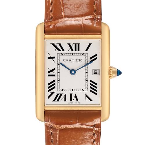 The Cartier Tank Louis W1529756 Men's Yellow Gold Silver Dial watch is shown from the front, displaying its rectangular face, Roman numerals, and leather strap.