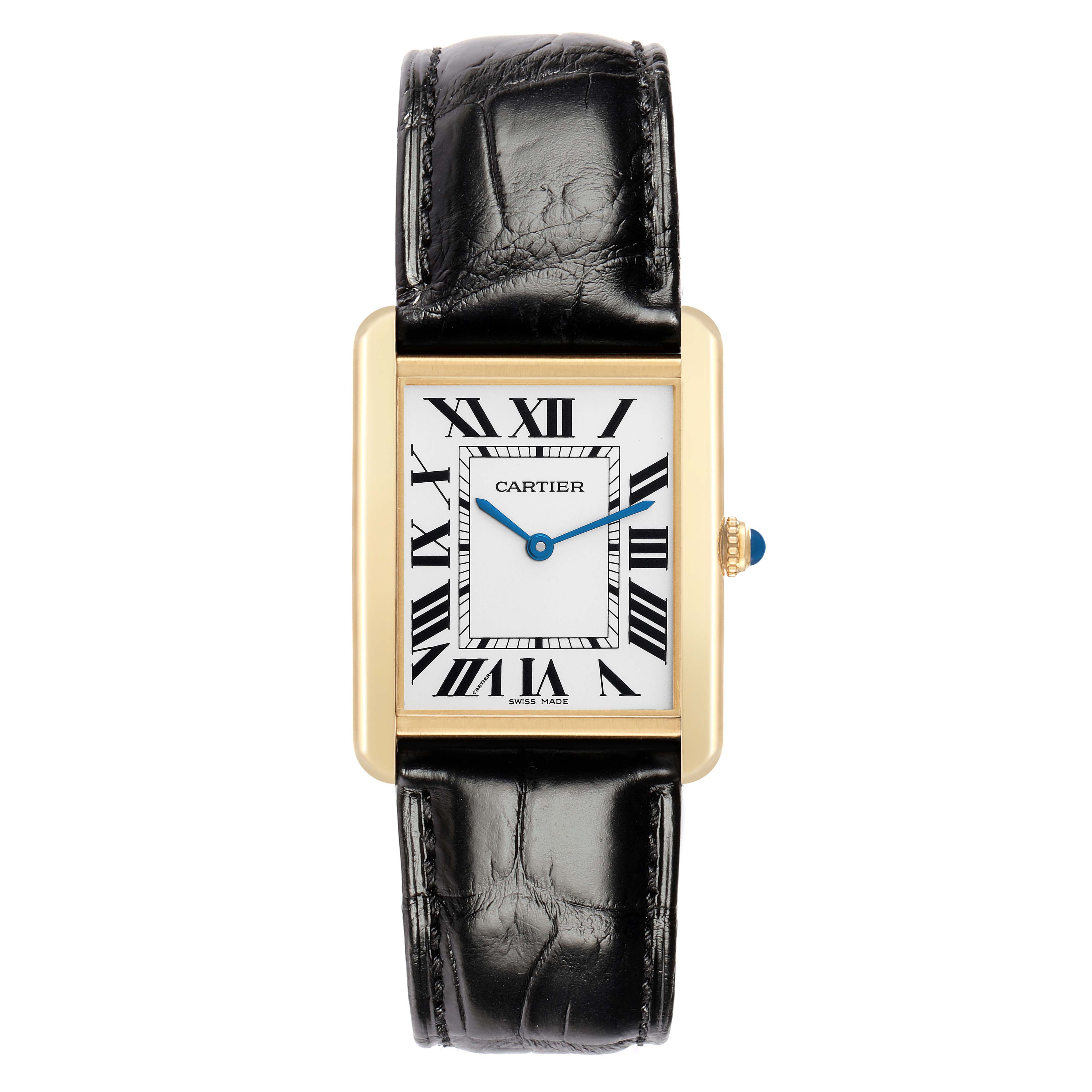 The Cartier Tank Solo W1018855 Men
s Steel and Gold (two tone) Silver Dial watch is shown from a top-down angle, highlighting its rectangular face, Roman numerals, and black leather strap.