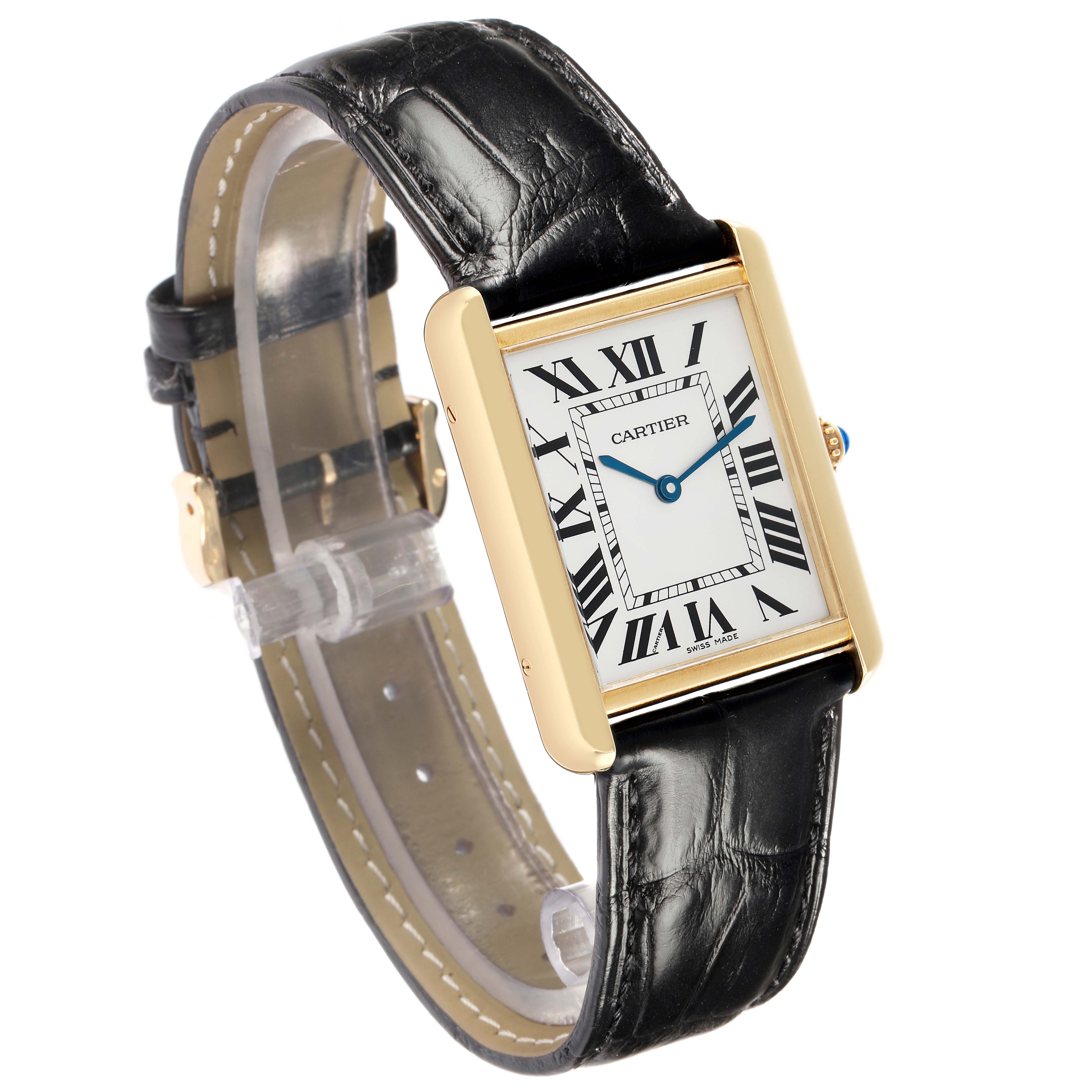 The Cartier Tank Solo W1018855 Men
s Steel and Gold (two tone) Silver Dial watch is shown at a three-quarter angle, highlighting its rectangular face, Roman numerals, and black leather strap.