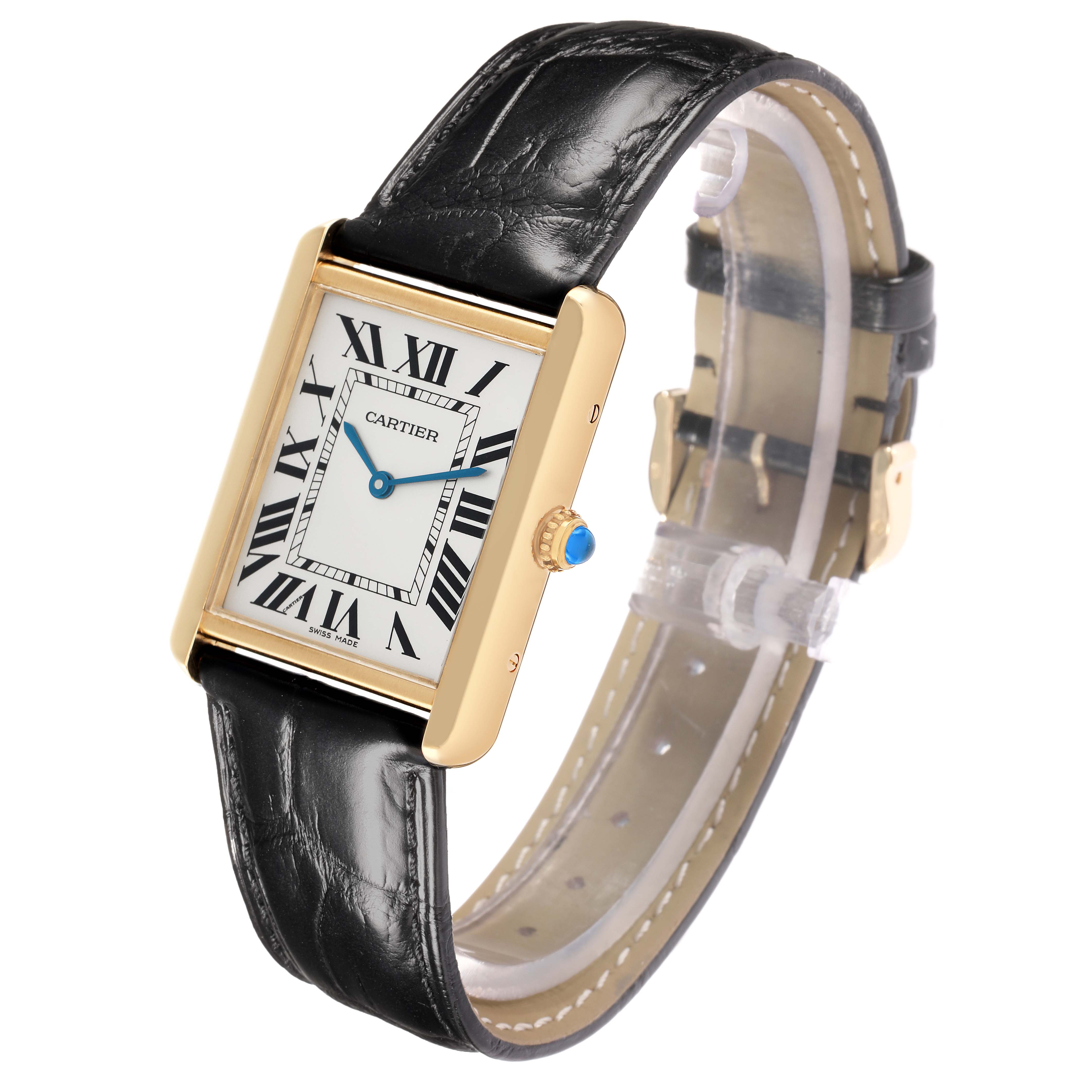The Cartier Tank Solo W1018855 Men
s Steel and Gold (two tone) Silver Dial is shown at a three-quarter angle, displaying the face, crown, and black leather strap.
