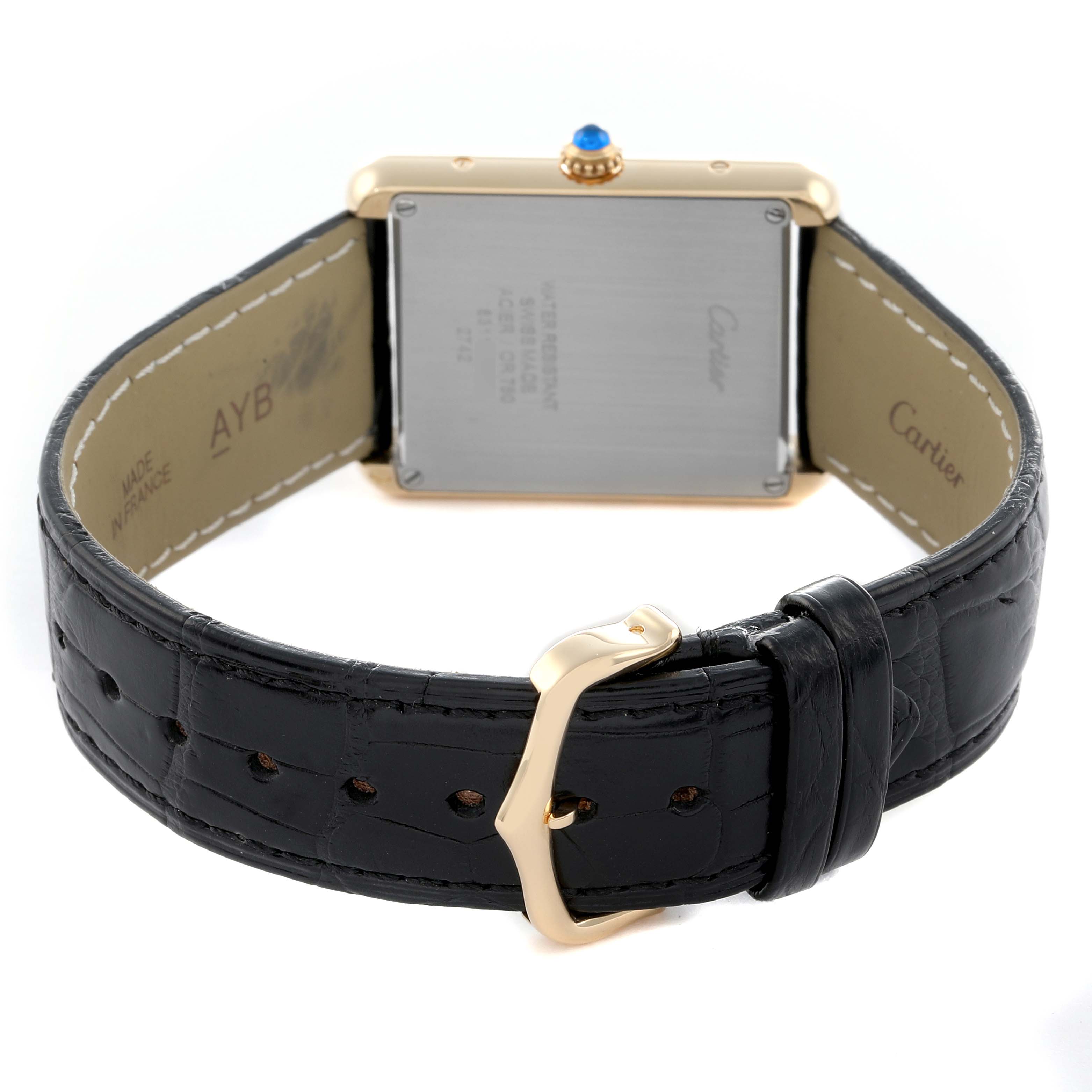 The image shows the back view of a Cartier Tank Solo W1018855 Men
s Steel and Gold (two tone) Silver Dial watch, emphasizing the case, strap, and buckle.