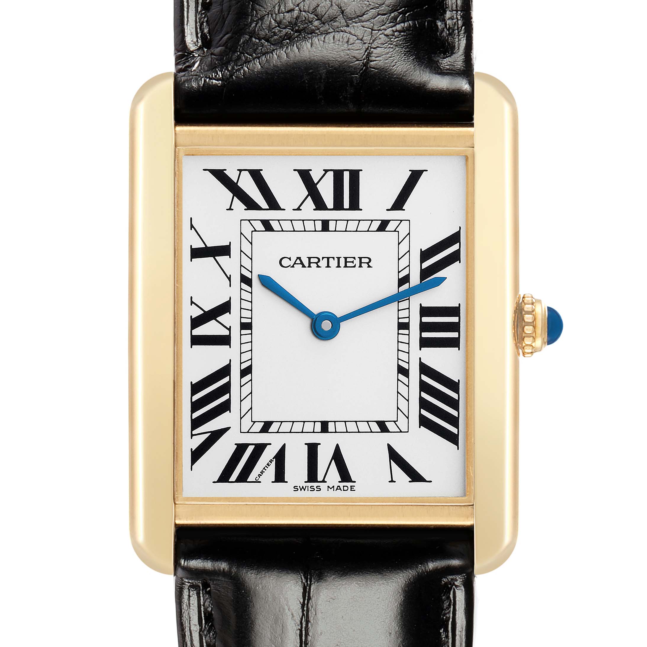 This is a front view of the Cartier Tank Solo W1018855 Men
s Steel and Gold (two tone) Silver Dial watch, showing the face, Roman numerals, and crown with a blue cabochon.