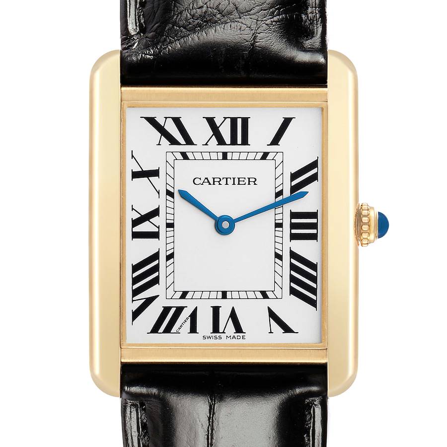 This is a front view of the Cartier Tank Solo W1018855 Men's Steel and Gold (two tone) Silver Dial watch, showing the face, Roman numerals, and crown with a blue cabochon.
