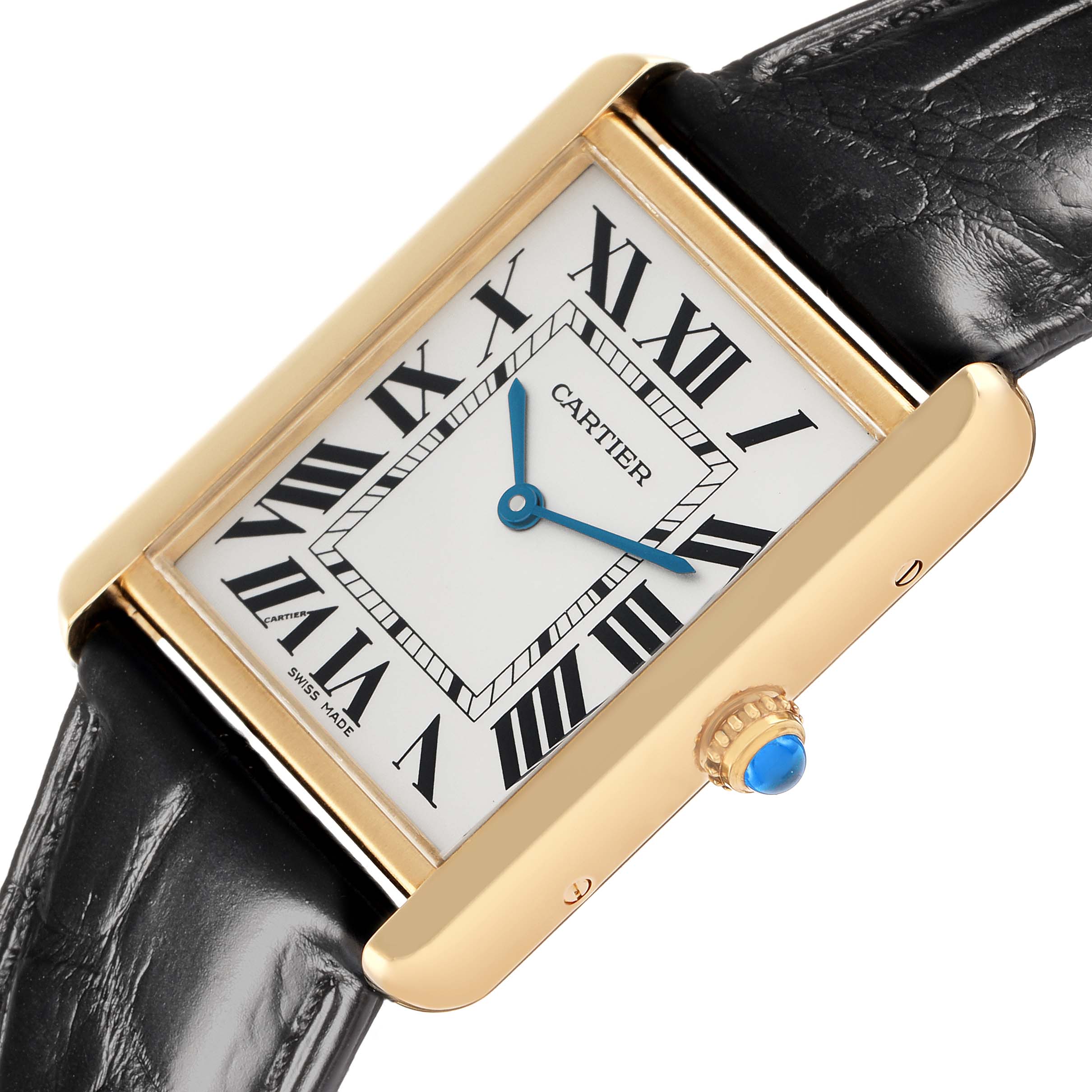 The Cartier Tank Solo W1018855 Men
s Steel and Gold (two tone) Silver Dial watch is shown at an angled close-up, highlighting the dial, Roman numerals, blue hands, and crown with a blue cabochon.
