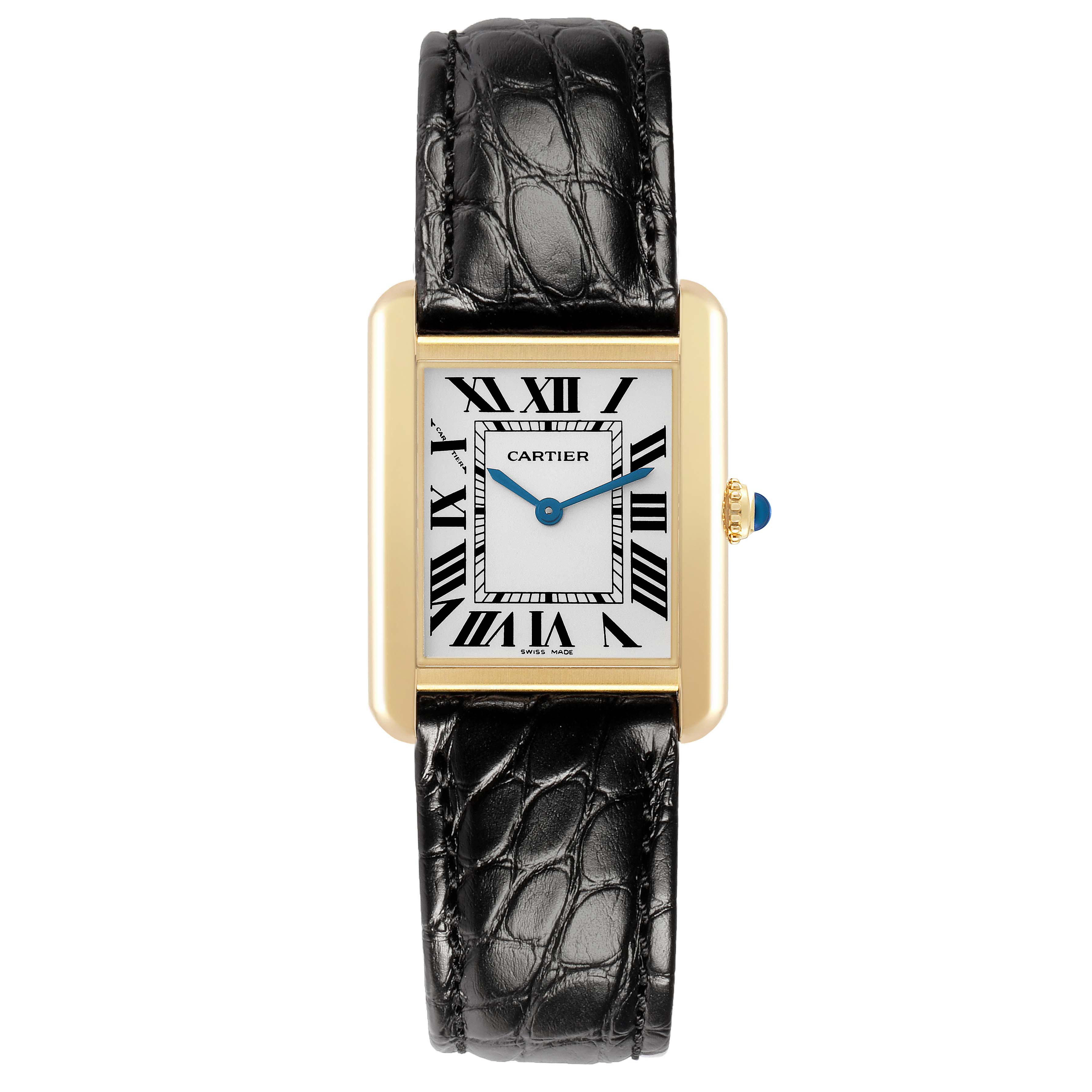 The Cartier Tank Solo W5200002 Women
s Steel and Gold (two tone) Silver Dial watch is shown from a top view, displaying its face, gold case, and black leather strap.