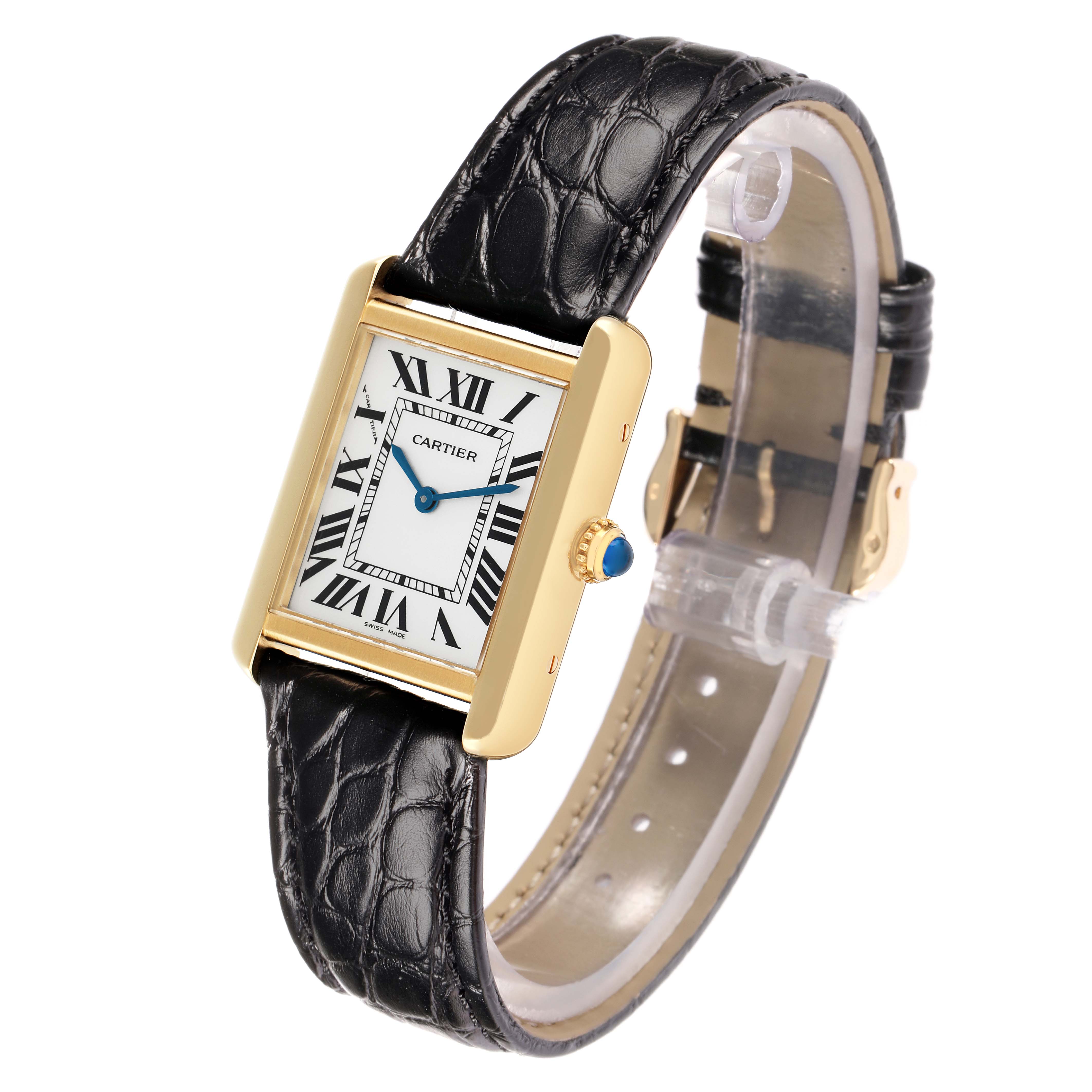The Cartier Tank Solo W5200002 Women
s Steel and Gold (two tone) Silver Dial watch is shown at an angle highlighting the face, strap, and crown.