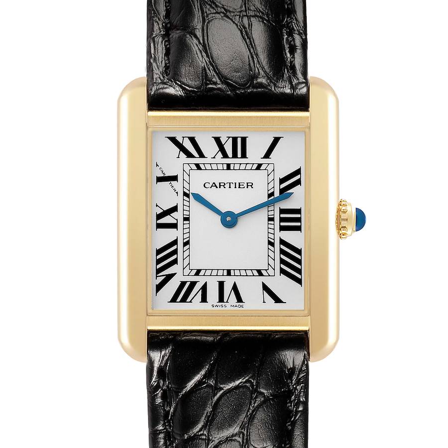 The Cartier Tank Solo W5200002 Women's Steel and Gold (two tone) Silver Dial watch is shown from the front, highlighting its rectangular face, Roman numerals, and black leather strap.