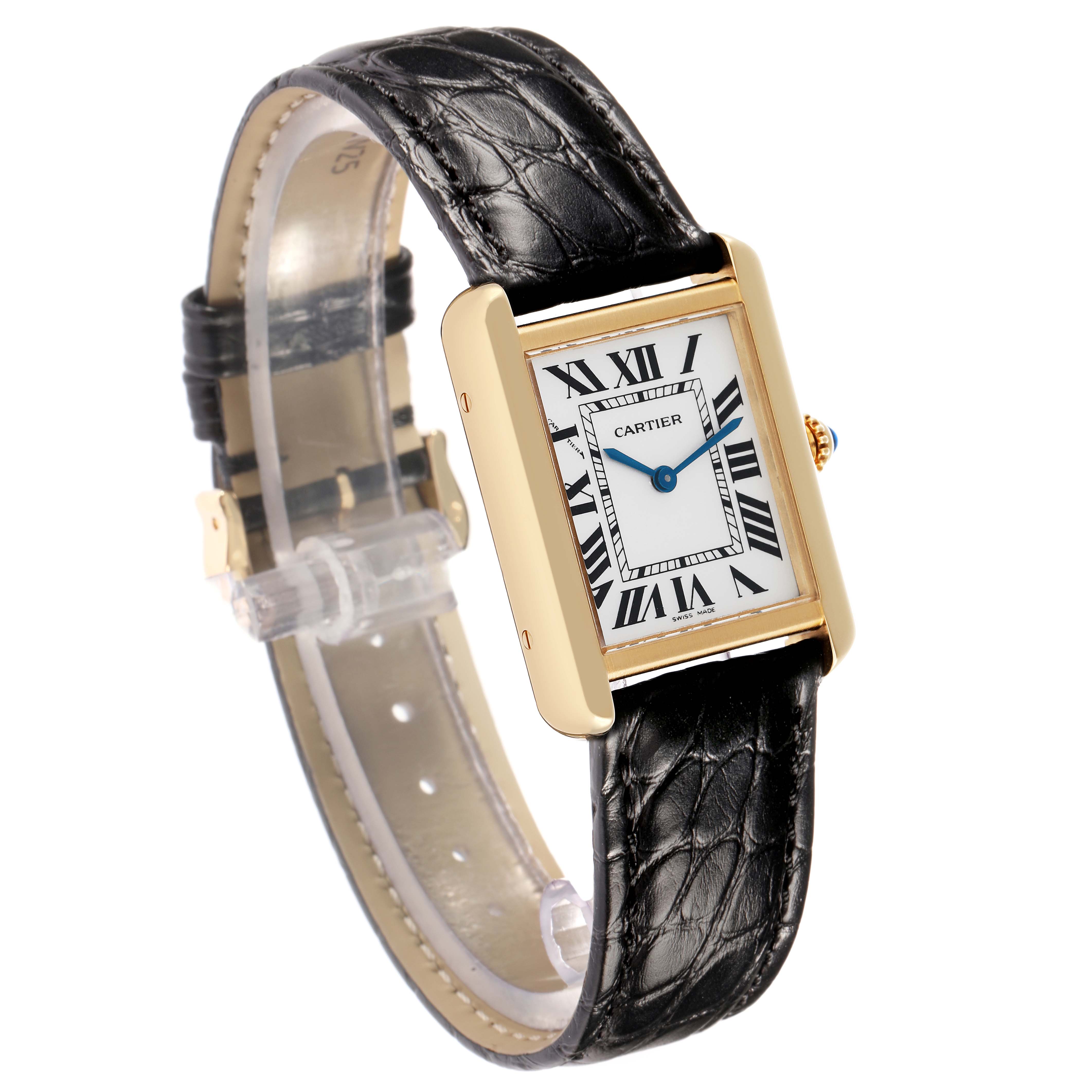 The Cartier Tank Solo W5200002 Women
s Steel and Gold (two tone) Silver Dial watch is shown at a three-quarter angle, displaying its rectangular face, Roman numerals, blue hands, and leather strap.
