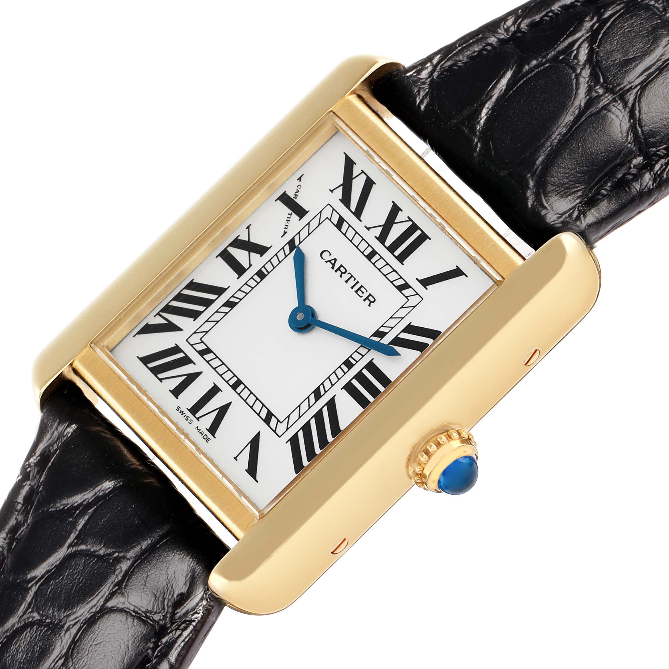 The Cartier Tank Solo W5200002 Women
s Steel and Gold (two tone) Silver Dial watch is shown from an angled top view, highlighting the gold case, Roman numerals, and blue sapphire crown.