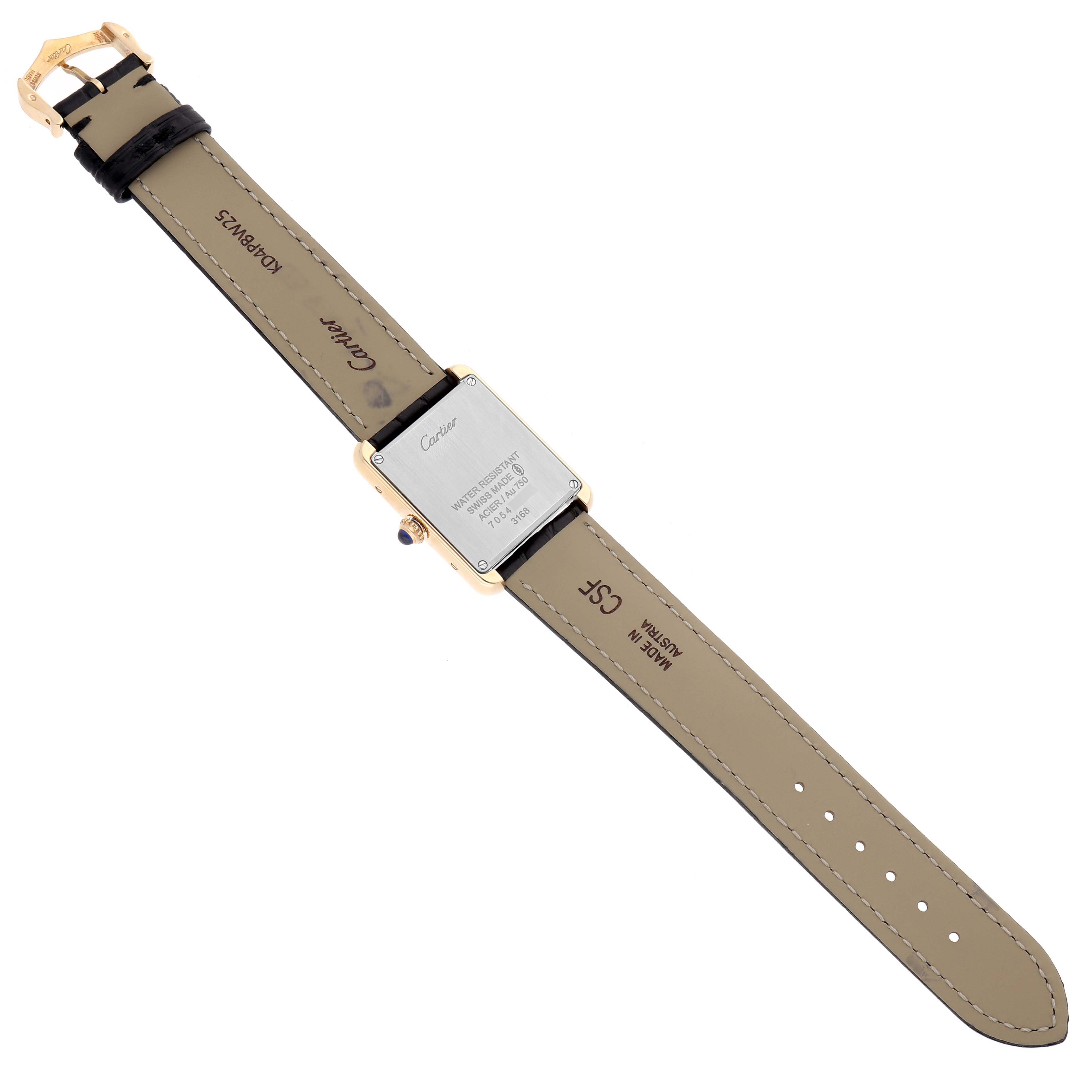 The Cartier Tank Solo W5200002 Women
s Steel and Gold (two tone) Silver Dial watch is shown from the back, highlighting the case back, strap, and buckle.