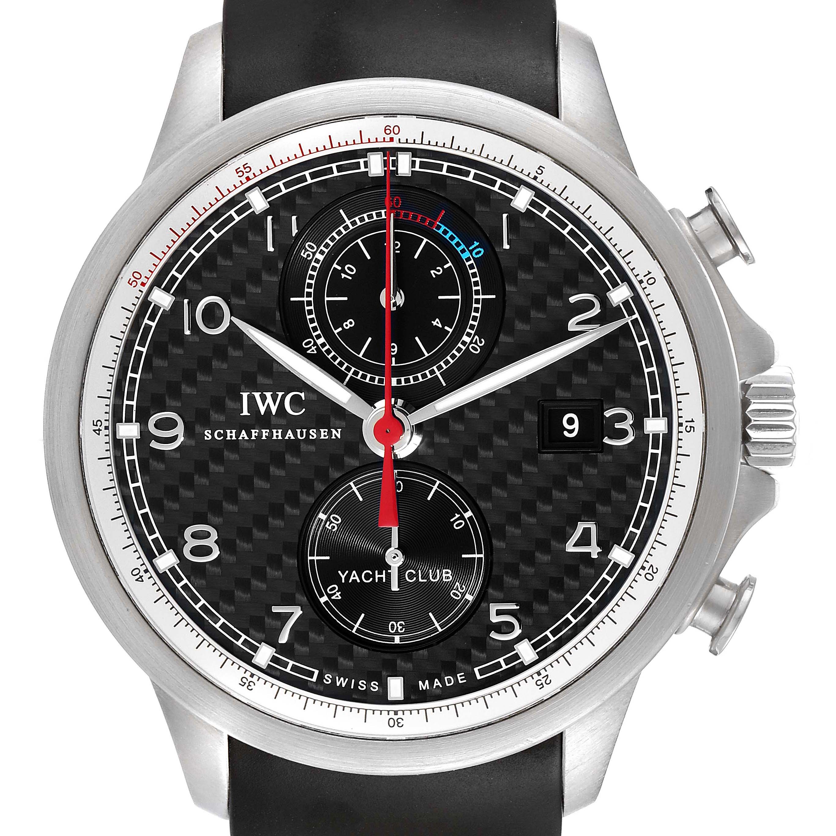 The image shows a front, close-up view of an IWC Portuguese IW390212 Men's Titanium Black Dial IW390212 Men's Titanium Black Dial Yacht Club watch, featuring its black dial and chronograph sub-dials.