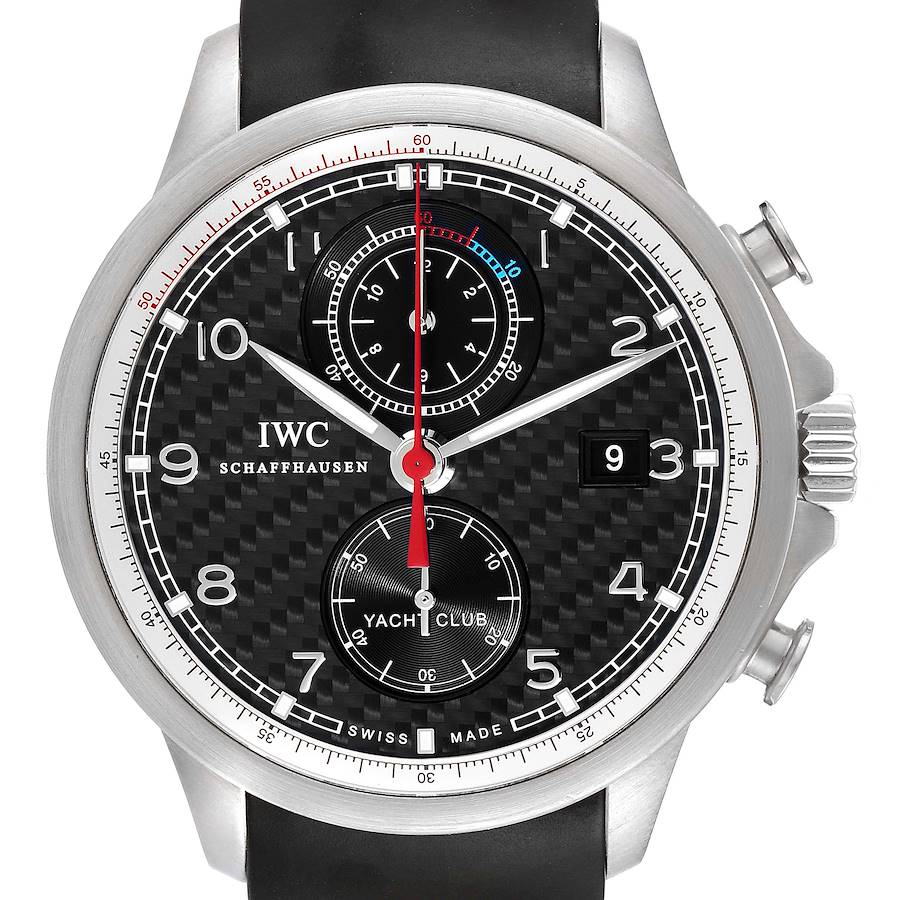 The image shows a front, close-up view of an IWC Portuguese Yacht Club watch, featuring its black dial and chronograph sub-dials.