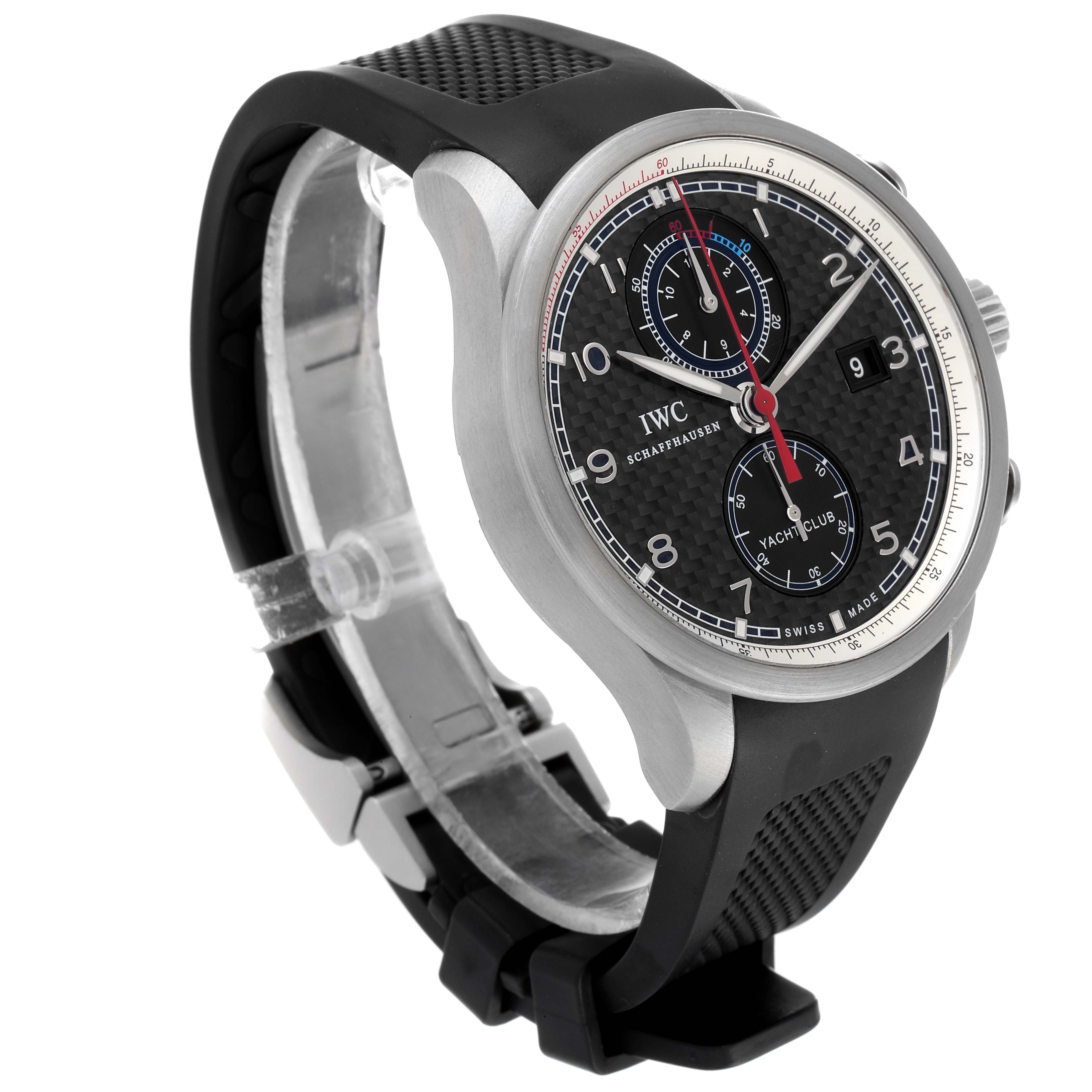 The image shows an IWC Portuguese IW390212 Men's Titanium Black Dial IW390212 Men's Titanium Black Dial model watch from an angled front view, displaying the dial, bezel, case, crown, and part of the rubber strap.