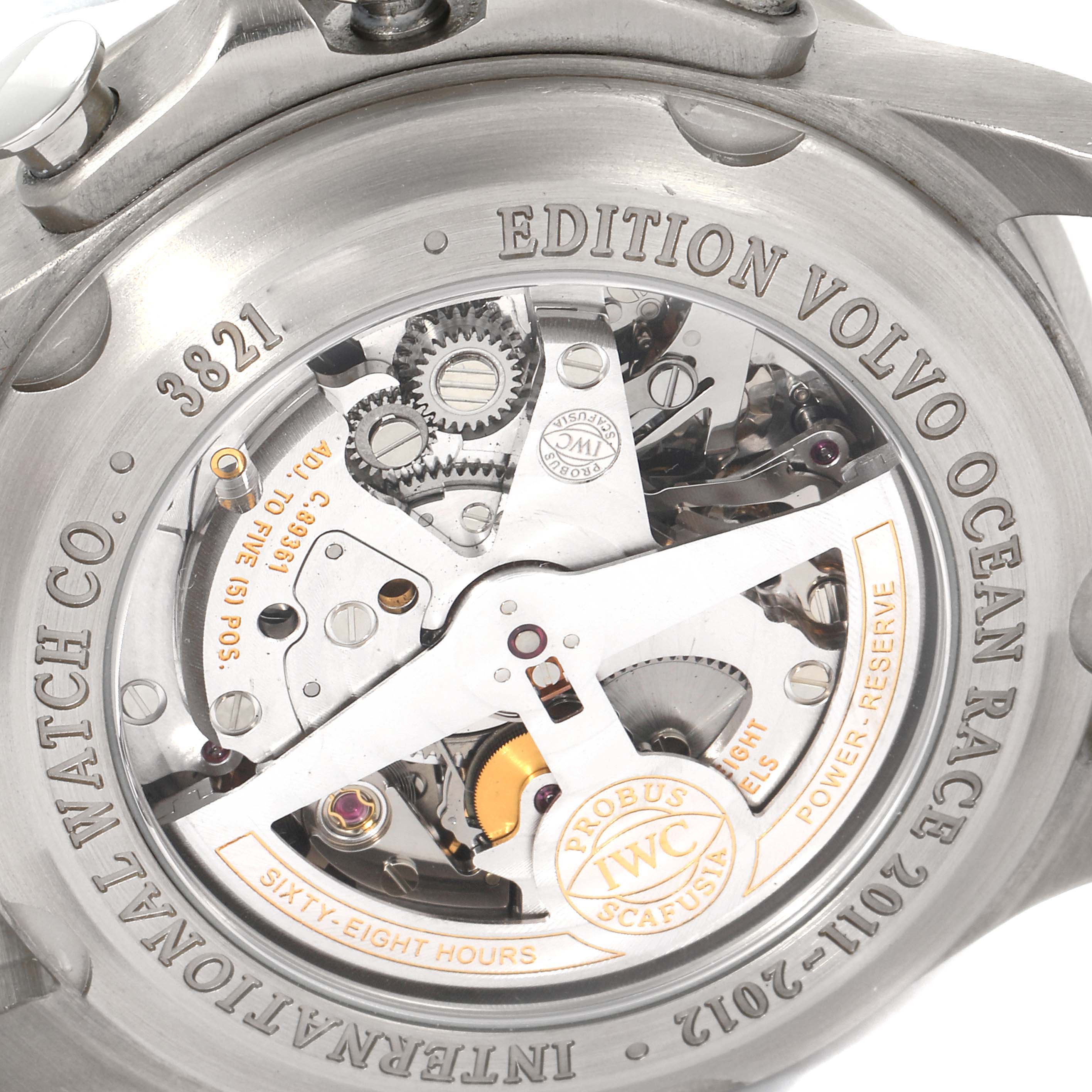 This image shows the open case back of the IWC Portuguese IW390212 Men's Titanium Black Dial IW390212 Men's Titanium Black Dial Edition Volvo Ocean Race 2011-2012 watch, featuring visible gears and mechanisms.