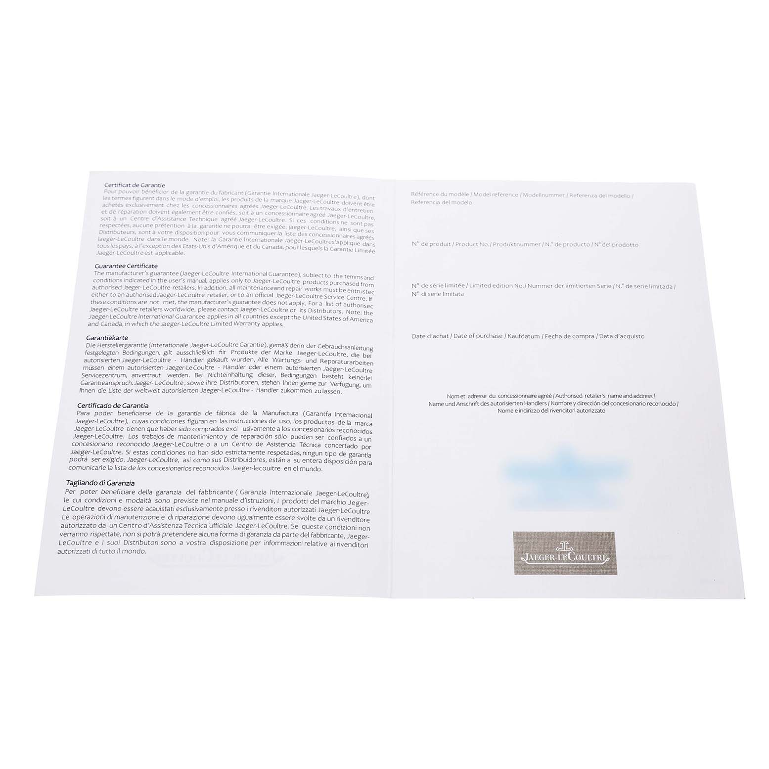 The image shows the warranty card for a Jaeger LeCoultre Reverso Q3742421 Men's Rose Gold Silver Dial watch, displayed open with text in multiple languages.