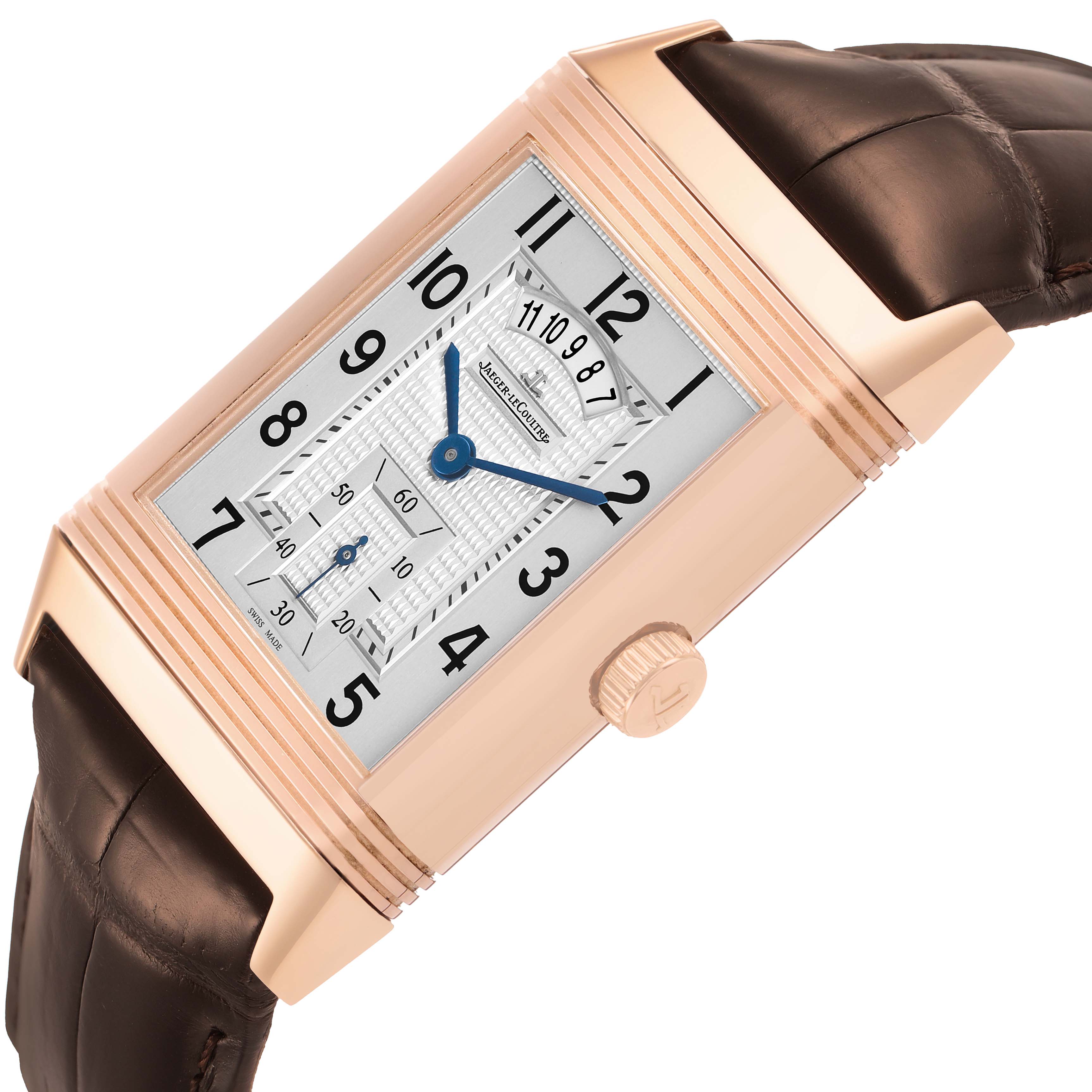 The image shows a Jaeger LeCoultre Reverso Q3742421 Men's Rose Gold Silver Dial watch angled to display its face, case, crown, and leather strap.