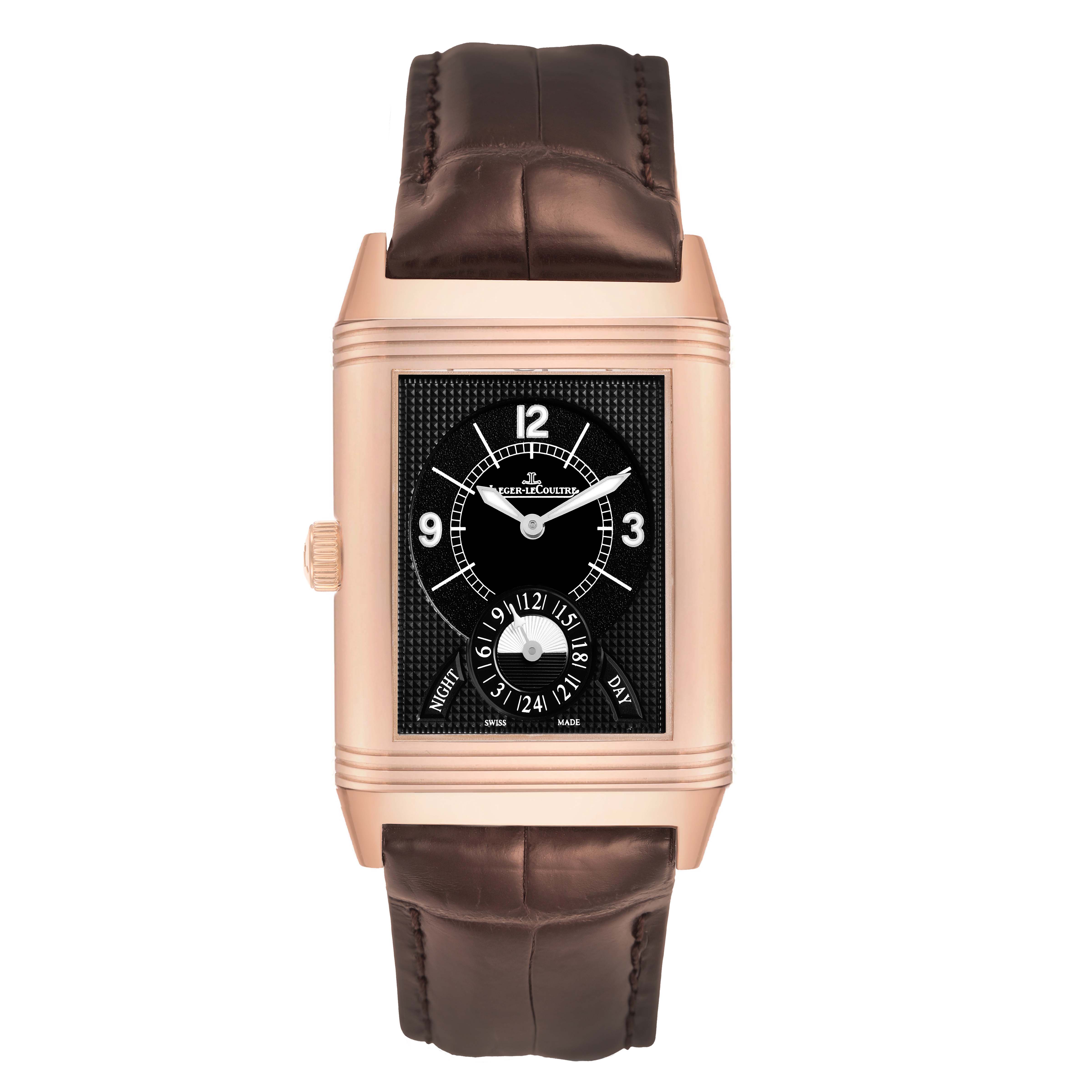 The Jaeger LeCoultre Reverso Q3742421 Men's Rose Gold Silver Dial watch is shown from the front, displaying its face, rectangular case, and leather strap.