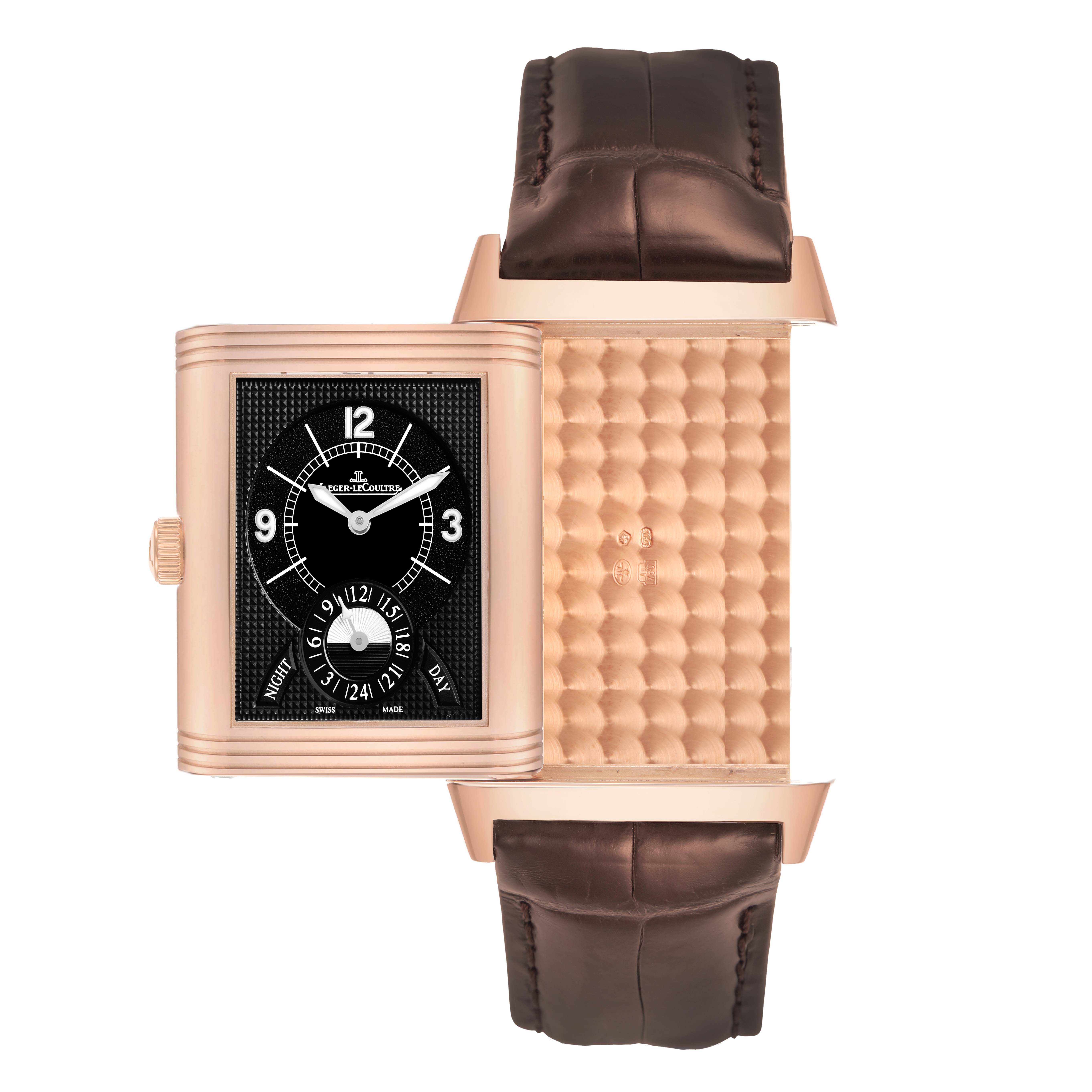 The Jaeger LeCoultre Reverso Q3742421 Men's Rose Gold Silver Dial watch is seen from the front, showing both the dial and the reversed case back with its unique design.