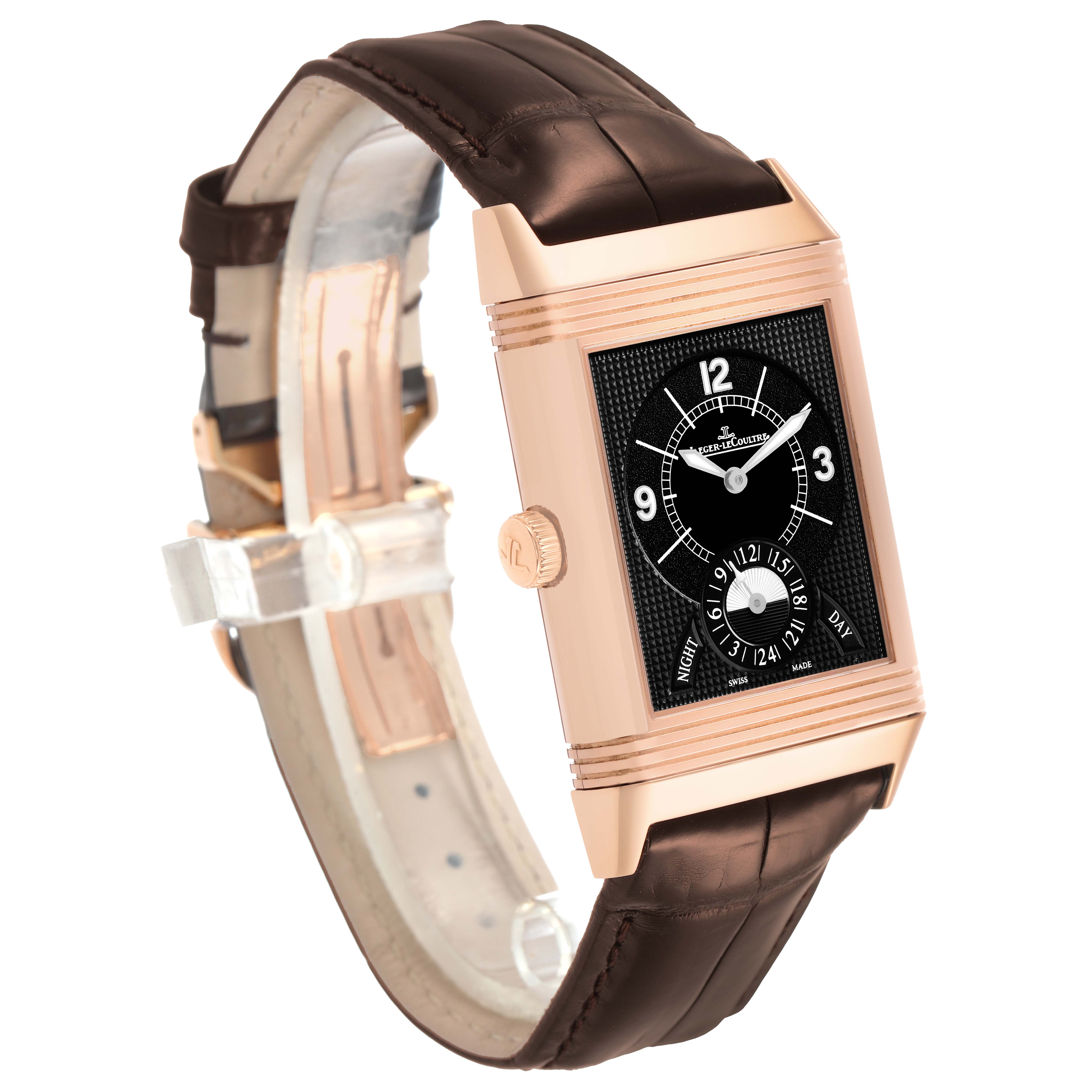 The Jaeger LeCoultre Reverso Q3742421 Men's Rose Gold Silver Dial watch is shown at a three-quarter angle, highlighting its rectangular face, crown, and leather strap.