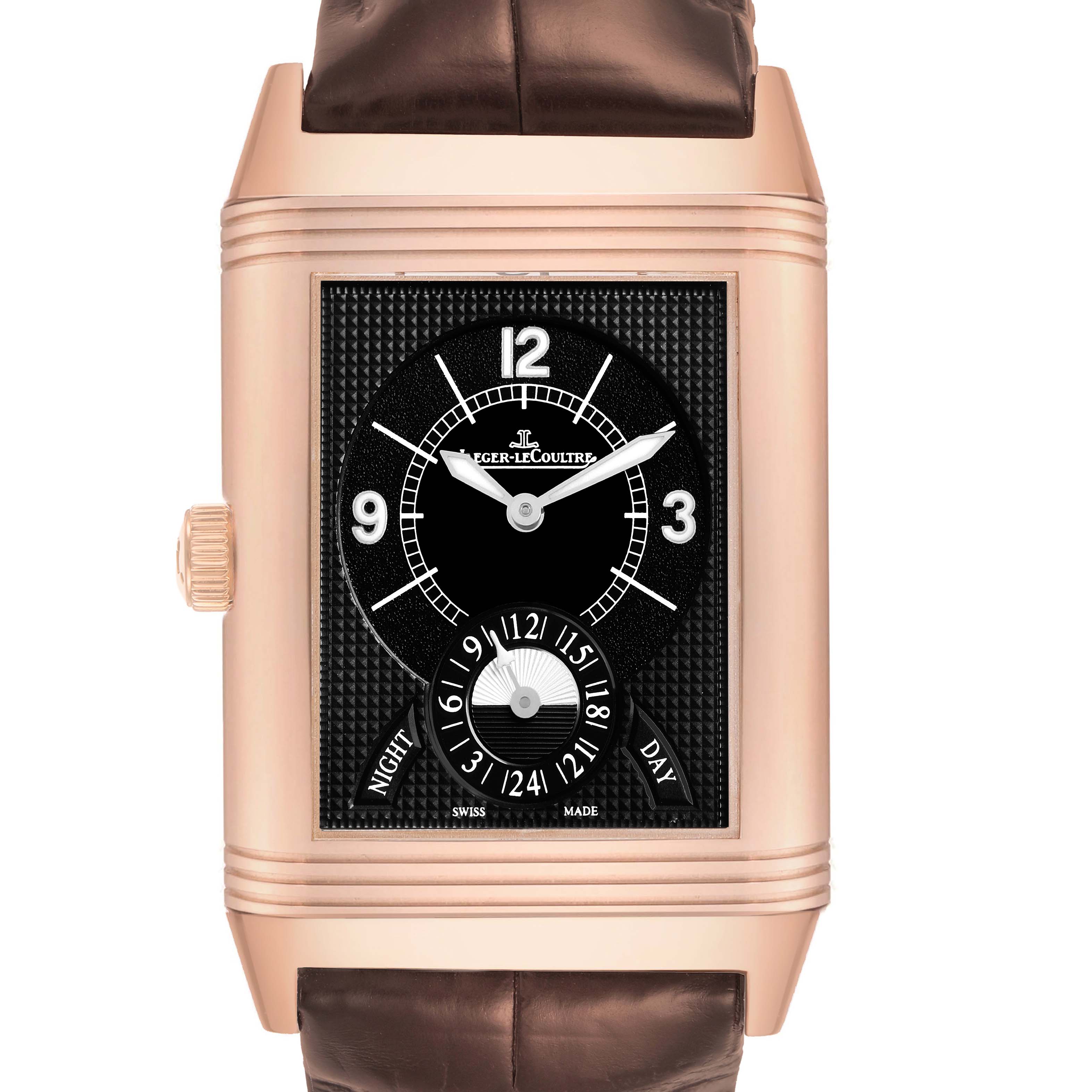 The Jaeger-LeCoultre Reverso watch is shown from a front view, highlighting the dial, case, and crown.