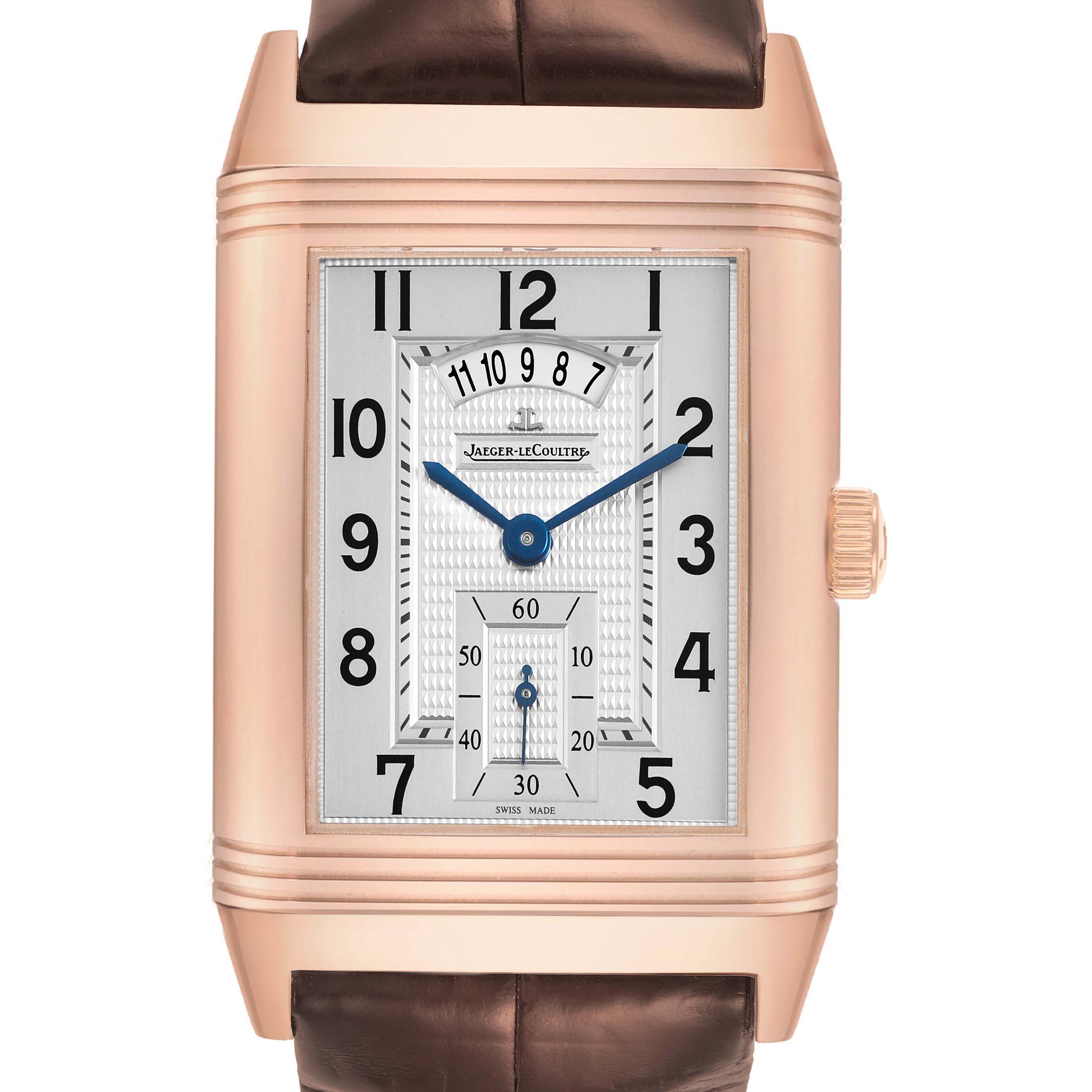The image shows the front view of the Jaeger LeCoultre Reverso Q3742421 Men's Rose Gold Silver Dial watch, highlighting its rectangular case, dial, and hand details.