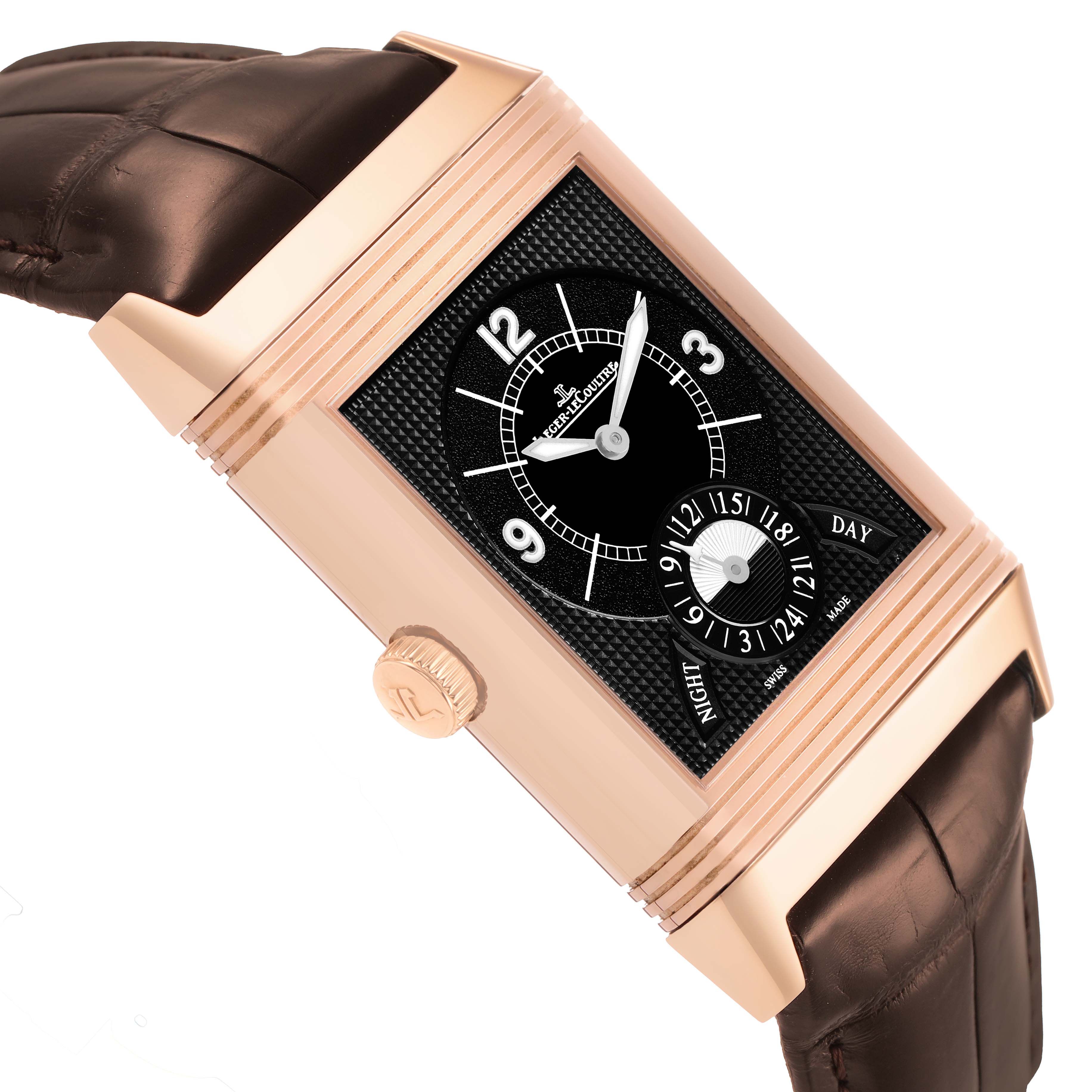 The image shows a Jaeger-LeCoultre Reverso watch at a diagonal angle, displaying the face, crown, and part of the leather strap.