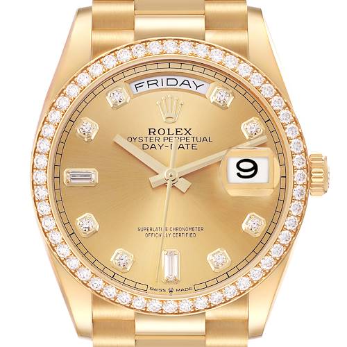 The Rolex President 128348 Men's Yellow Gold Champagne Dial model is shown from a front angle, highlighting the diamond-encrusted bezel, gold dial, and day-date feature.