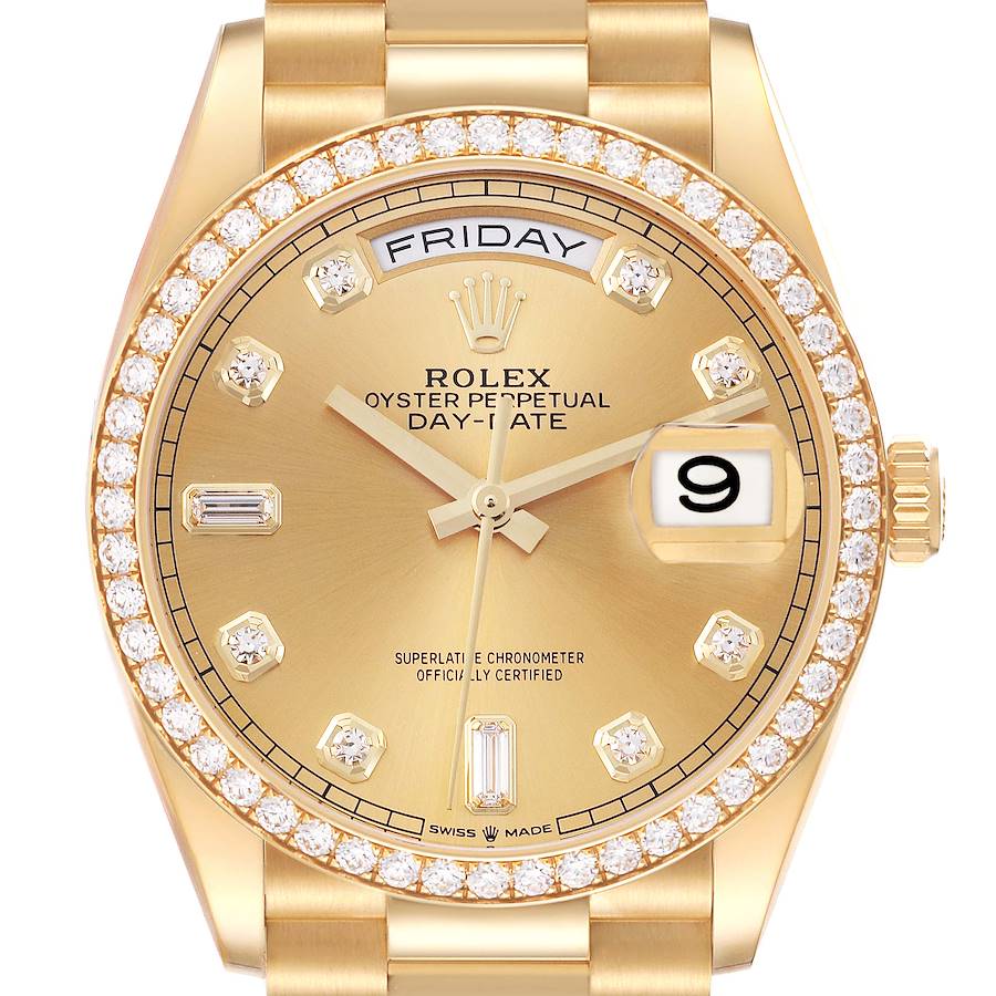 The Rolex President 128348 Men's Yellow Gold Champagne Dial watch is shown from a frontal angle, highlighting the dial, diamond bezel, day and date windows.