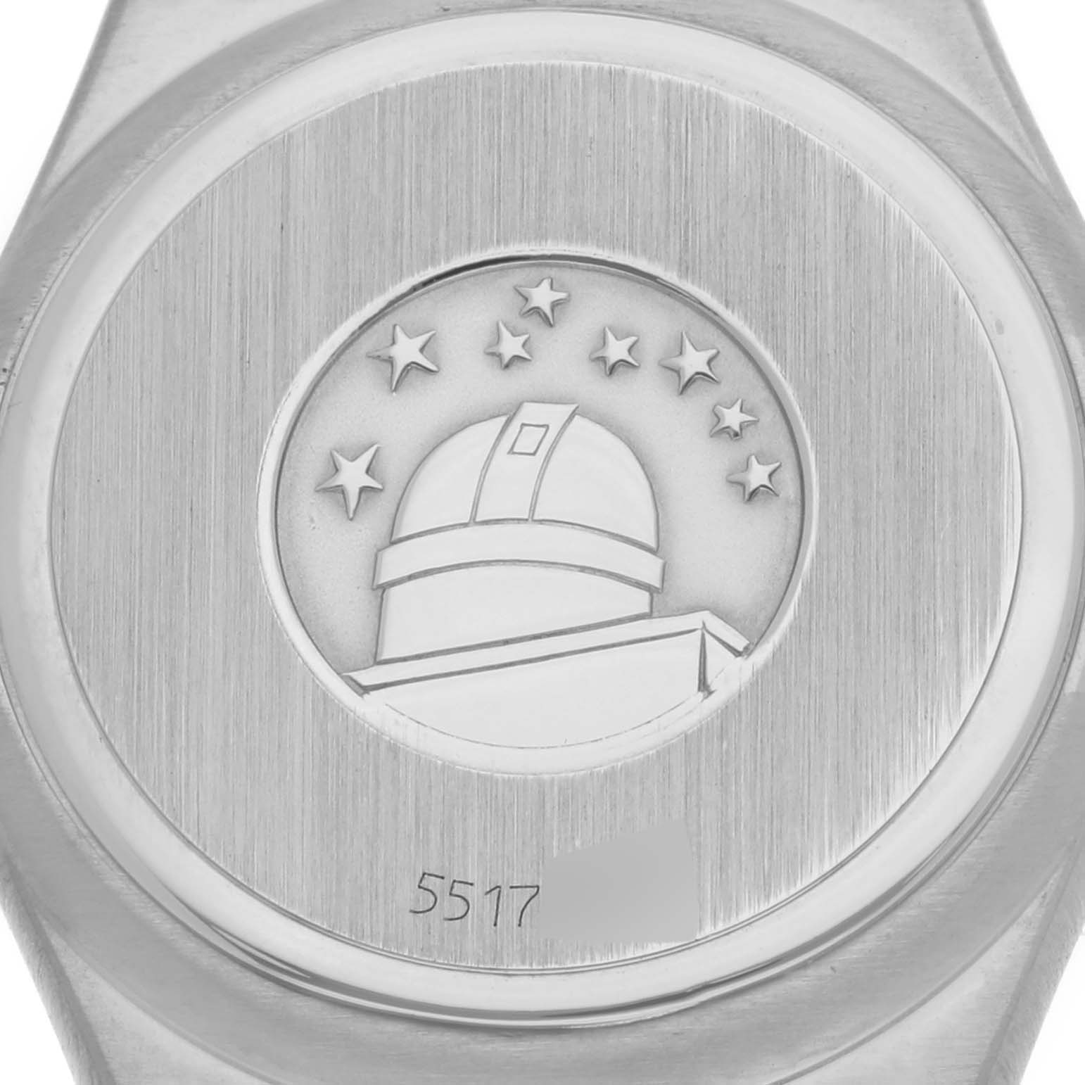 This image shows the back side of the Omega 1267.75.00 Women's Steel and Gold (two tone) Mother of Pearl Dial 1267.75.00 Women's Steel and Gold (two tone) Mother of Pearl Dial Constellation 95 MOP Diamond Yellow Gold Steel Ladies Watch 1267.75.00, featuring an engraving.