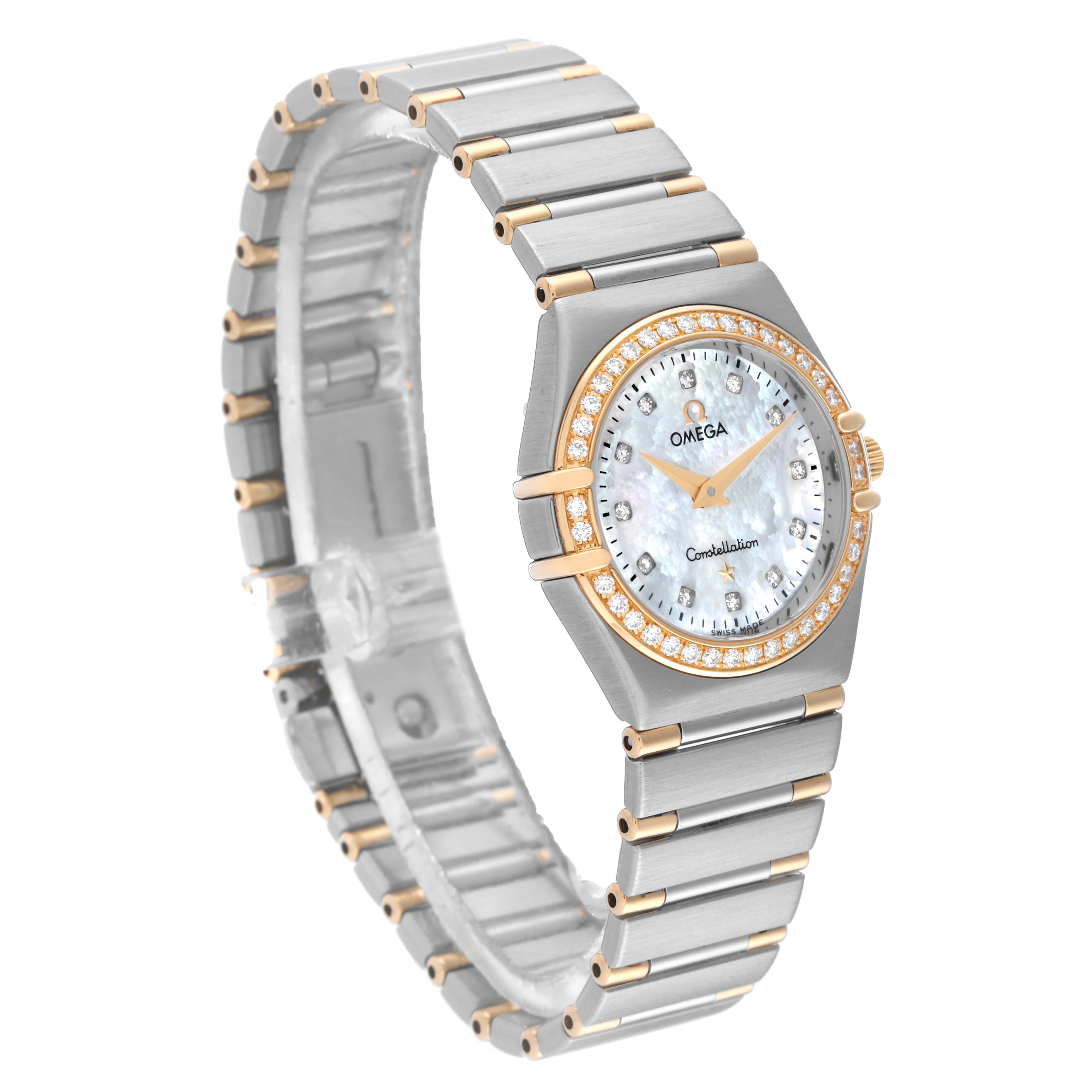 The image shows the front and left side angle of the Omega 1267.75.00 Women's Steel and Gold (two tone) Mother of Pearl Dial 1267.75.00 Women's Steel and Gold (two tone) Mother of Pearl Dial Constellation 95 MOP Diamond Yellow Gold Steel Ladies Watch 1267.75.00.