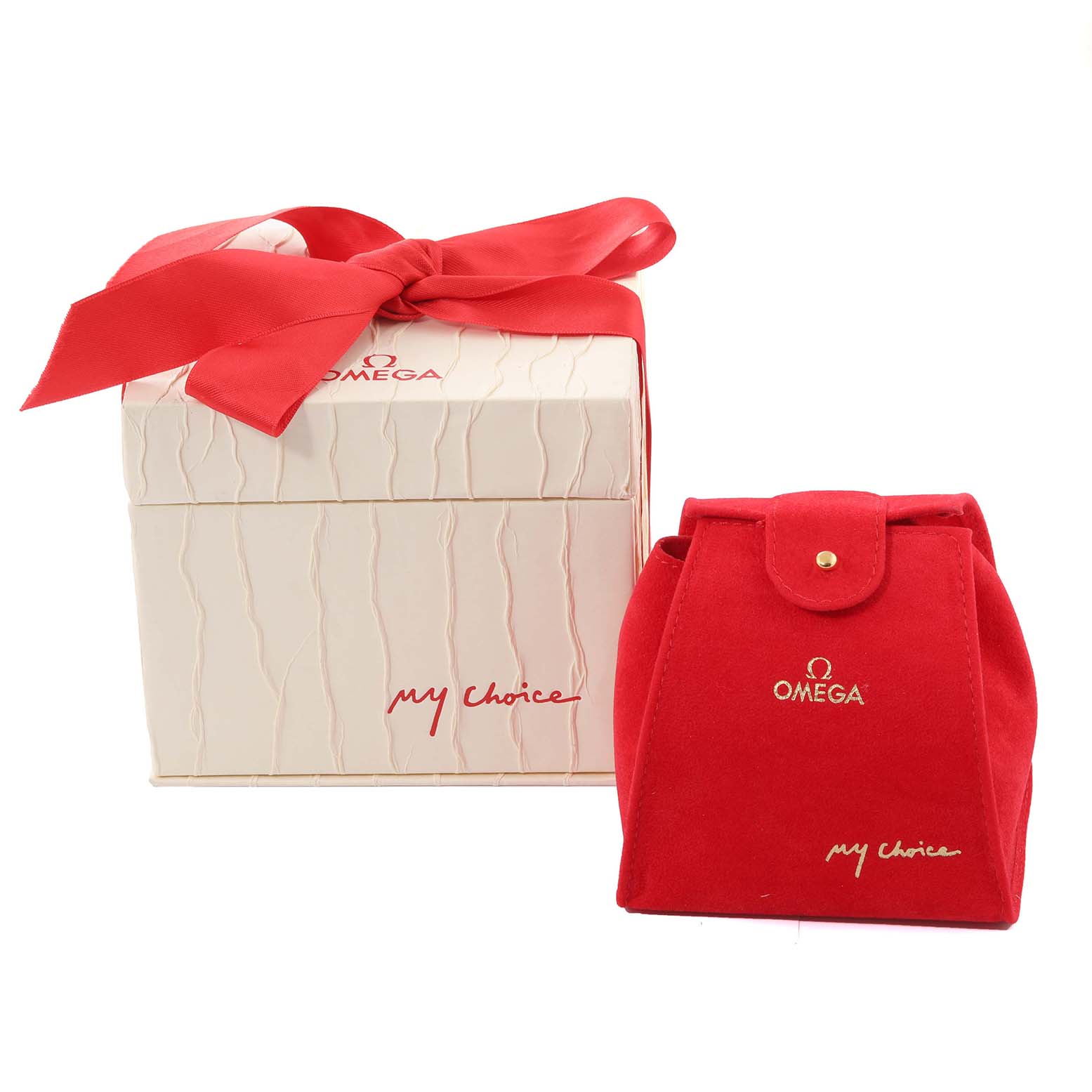 The image shows the packaging for the Omega 1267.75.00 Women's Steel and Gold (two tone) Mother of Pearl Dial 1267.75.00 Women's Steel and Gold (two tone) Mother of Pearl Dial Constellation 95 MOP Diamond Yellow Gold Steel Ladies Watch 1267.75.00, including a red velvet pouch and a white textured box with a red bow.