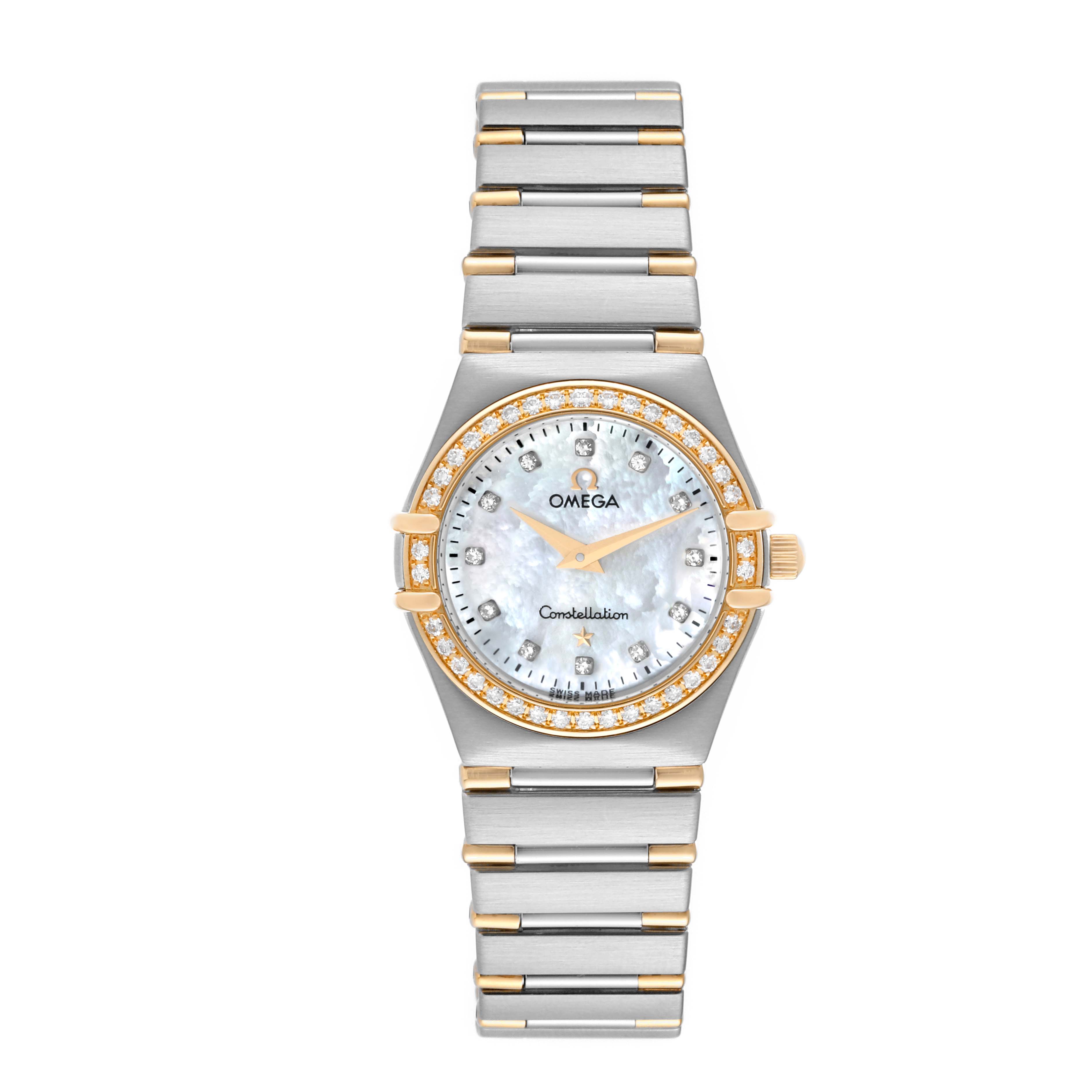 The Omega 1267.75.00 Women's Steel and Gold (two tone) Mother of Pearl Dial 1267.75.00 Women's Steel and Gold (two tone) Mother of Pearl Dial Constellation 95 MOP Diamond Yellow Gold Steel Ladies Watch model 1267.75.00 is shown from a top-down angle, displaying the face, bezel, and bracelet.