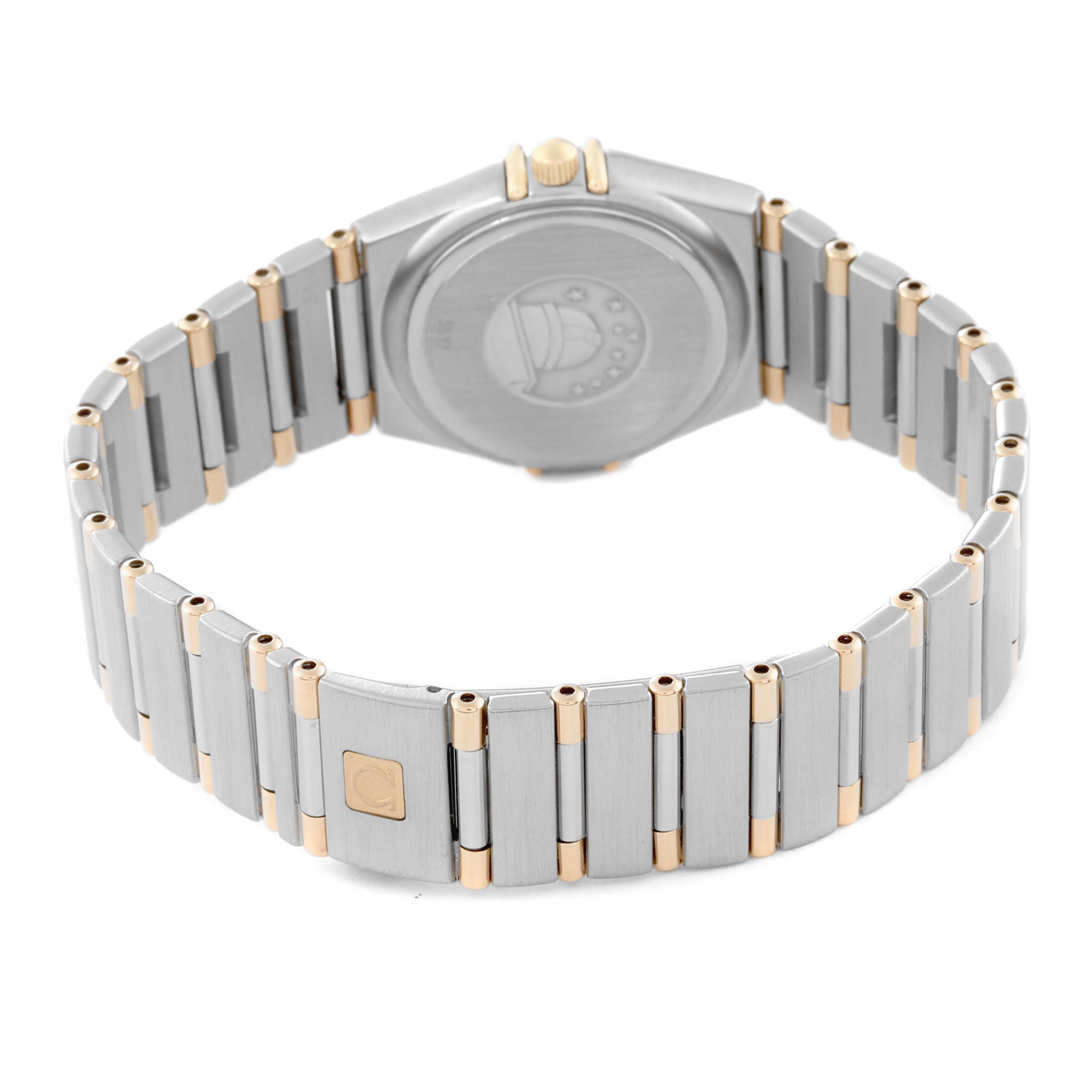The image shows the back and bracelet of the Omega 1267.75.00 Women's Steel and Gold (two tone) Mother of Pearl Dial 1267.75.00 Women's Steel and Gold (two tone) Mother of Pearl Dial Constellation 95 MOP Diamond Yellow Gold Steel Ladies Watch 1267.75.00 model.