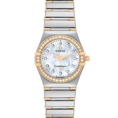 The image shows a front view of the Omega Constellation 95 MOP Diamond Yellow Gold Steel Ladies Watch 1267.75.00, highlighting the dial, bezel, and bracelet.