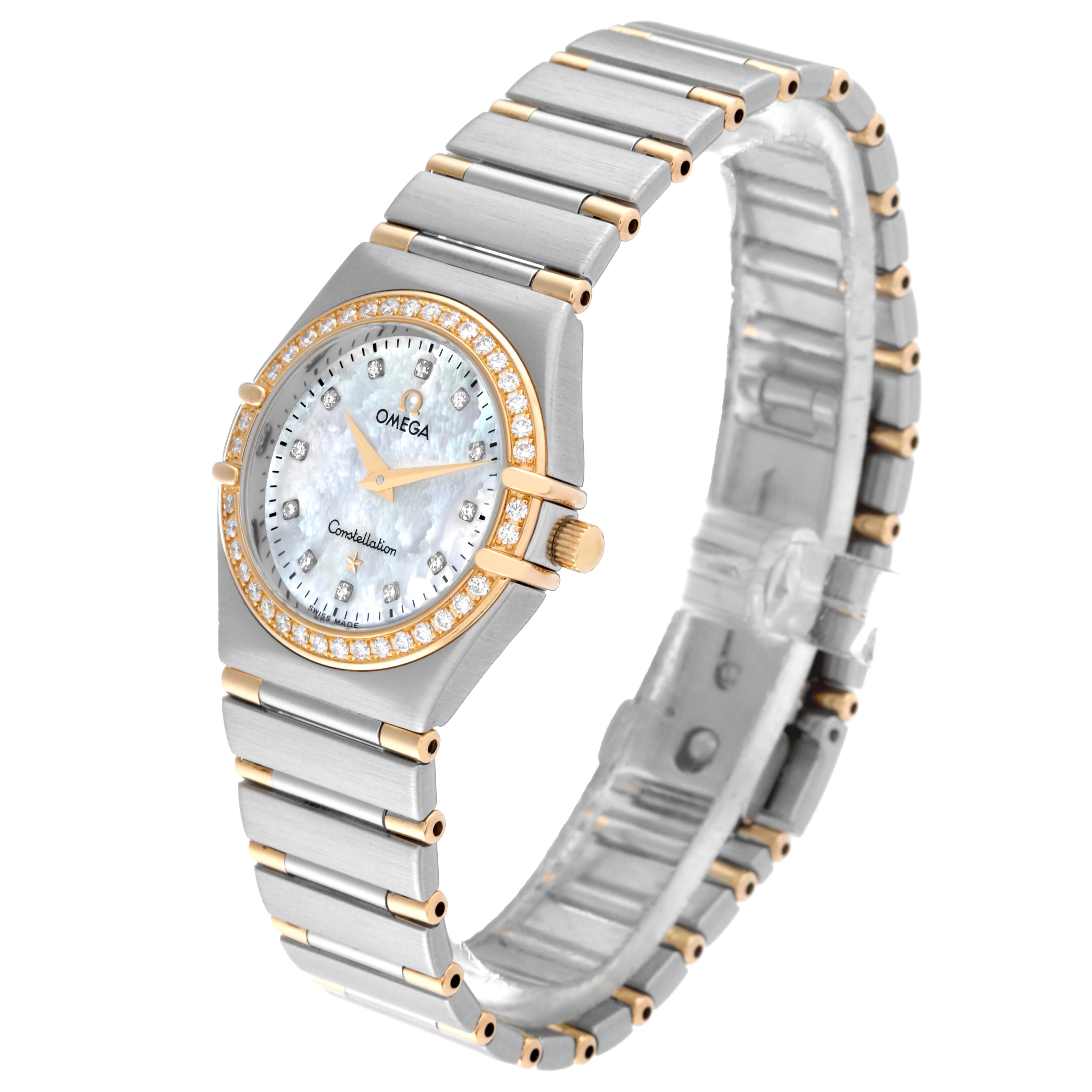 The image shows an angled view of the Omega 1267.75.00 Women's Steel and Gold (two tone) Mother of Pearl Dial 1267.75.00 Women's Steel and Gold (two tone) Mother of Pearl Dial Constellation 95 MOP Diamond Yellow Gold Steel Ladies Watch 1267.75.00, highlighting the face, bezel, and bracelet.