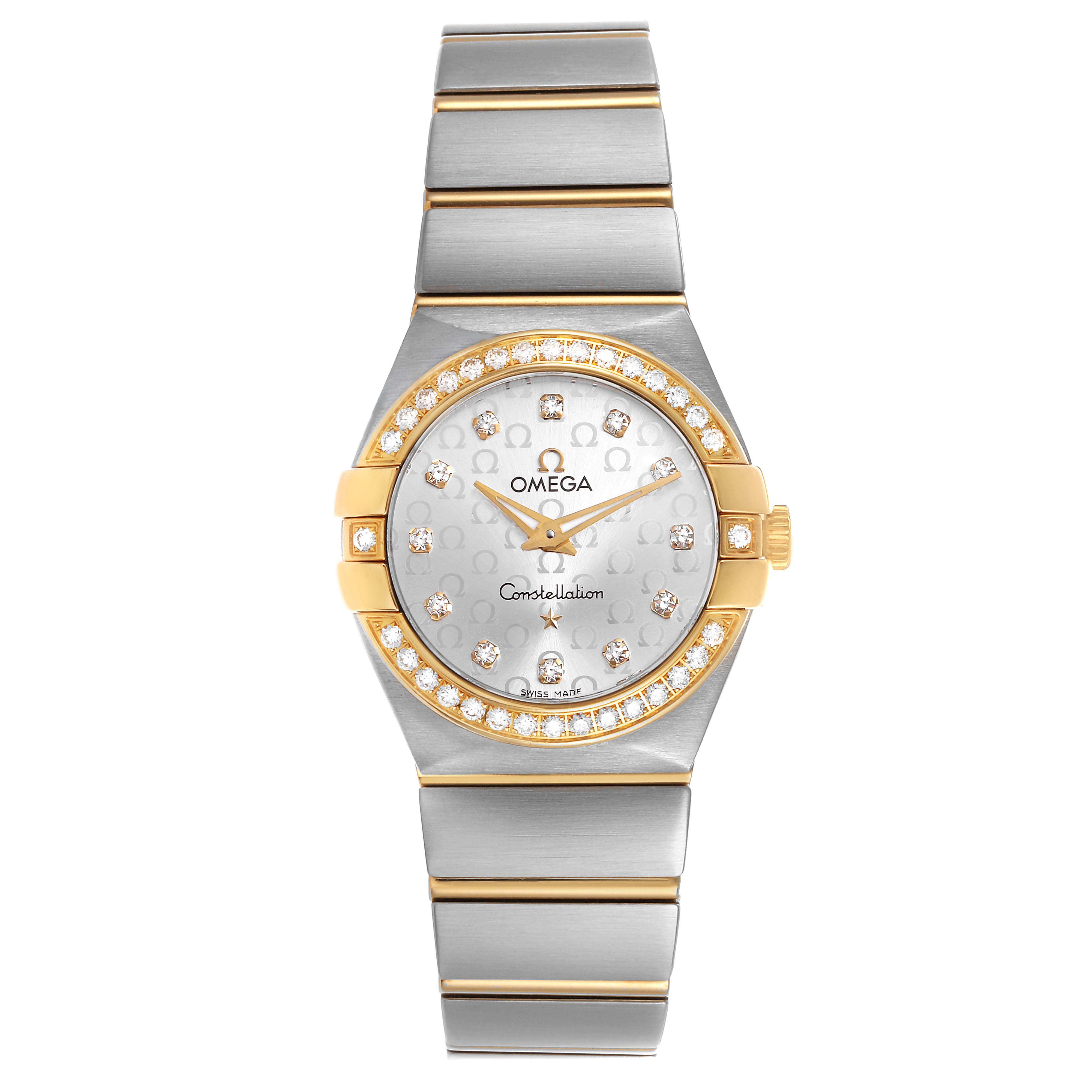 The Omega 123.25.27.60.52.002 Women's Steel and Gold (two tone) Silver Dial Constellation Steel Yellow Gold Diamond Watch is shown from the front, highlighting its dial, bezel, and bracelet.