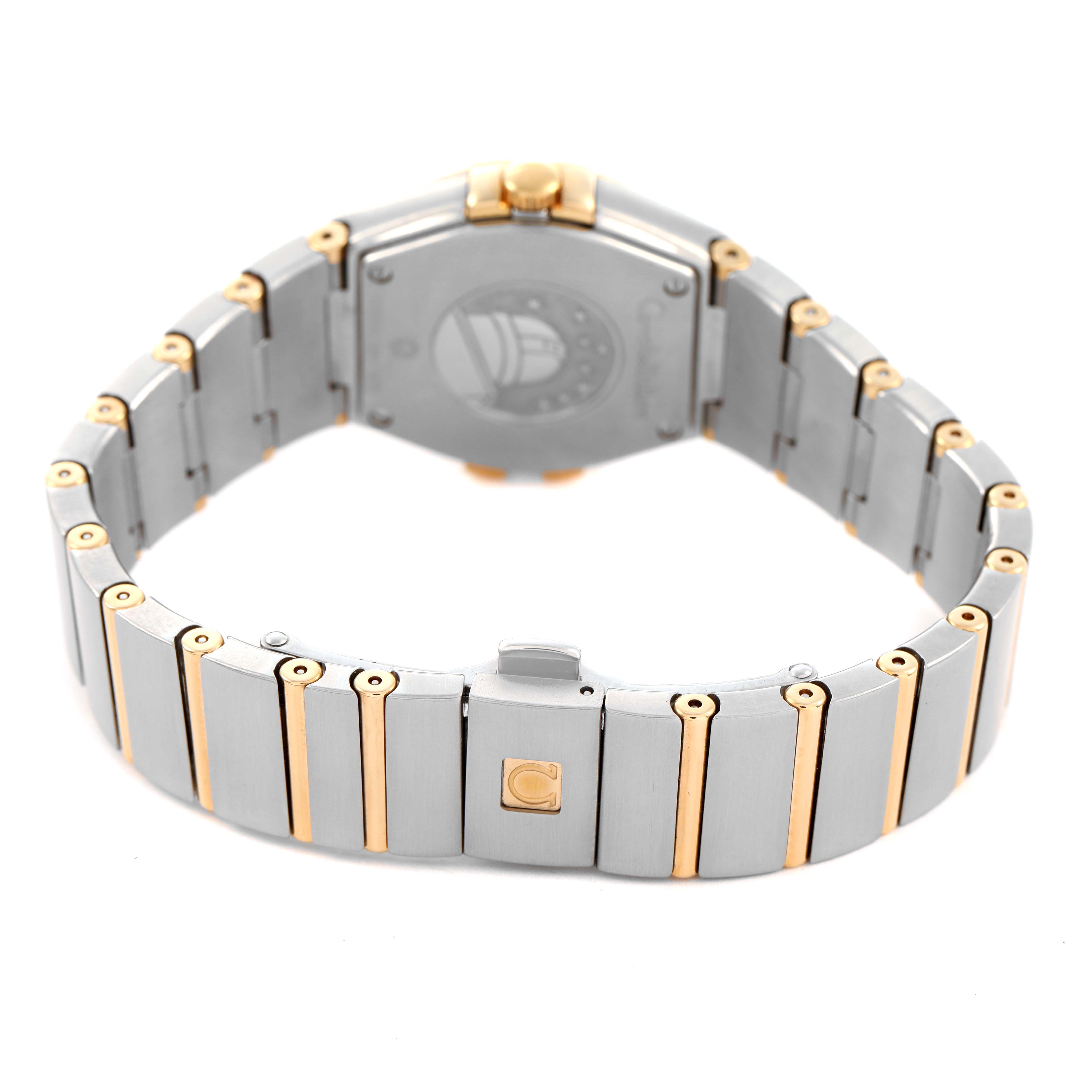 The image shows the bracelet and clasp of the Omega 123.25.27.60.52.002 Women's Steel and Gold (two tone) Silver Dial Constellation Steel Yellow Gold Diamond Watch, viewed from the back.