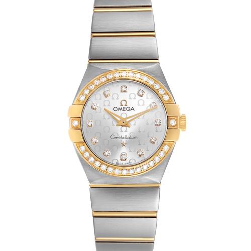 The Omega 123.25.27.60.52.002 Women's Steel and Gold (two tone) Silver Dial Constellation Steel Yellow Gold Diamond Watch is shown from the front, highlighting its bezel, dial, and bracelet.