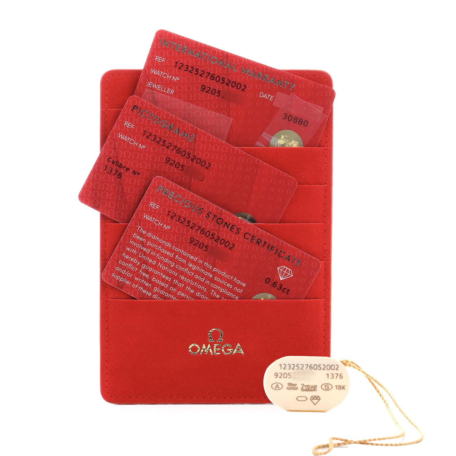 The image shows the warranty cards and a tag for the Omega 123.25.27.60.52.002 Women's Steel and Gold (two tone) Silver Dial Constellation Steel Yellow Gold Diamond Watch 123.25.27.60.52.002.