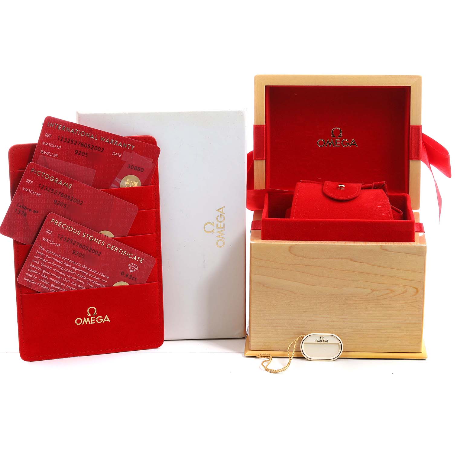 The image shows the box, warranty cards, and packaging for the Omega 123.25.27.60.52.002 Women's Steel and Gold (two tone) Silver Dial Constellation Steel Yellow Gold Diamond Watch.