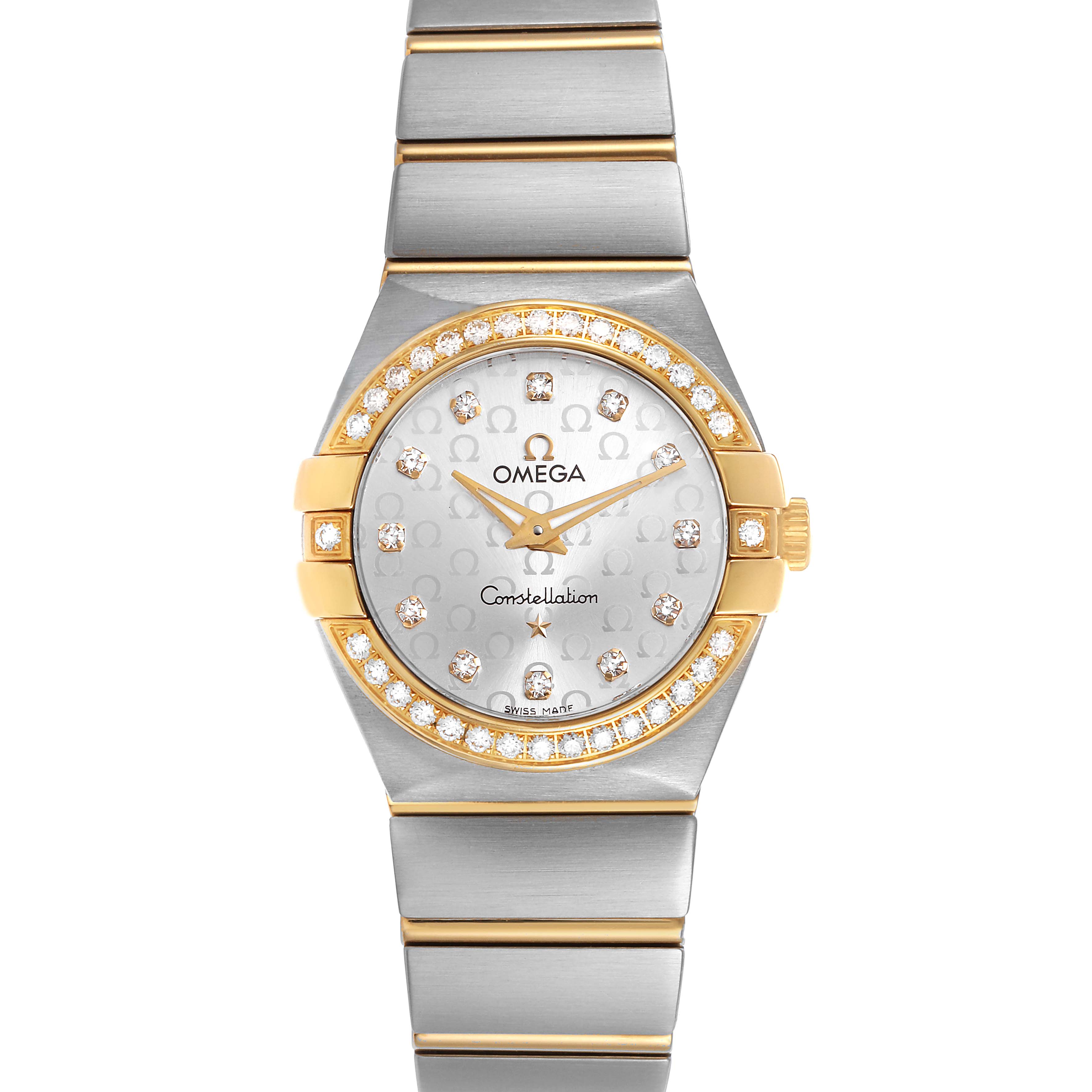 The Omega 123.25.27.60.52.002 Women's Steel and Gold (two tone) Silver Dial Constellation Steel Yellow Gold Diamond Watch is shown from a front angle, highlighting its bezel, dial, and bracelet.